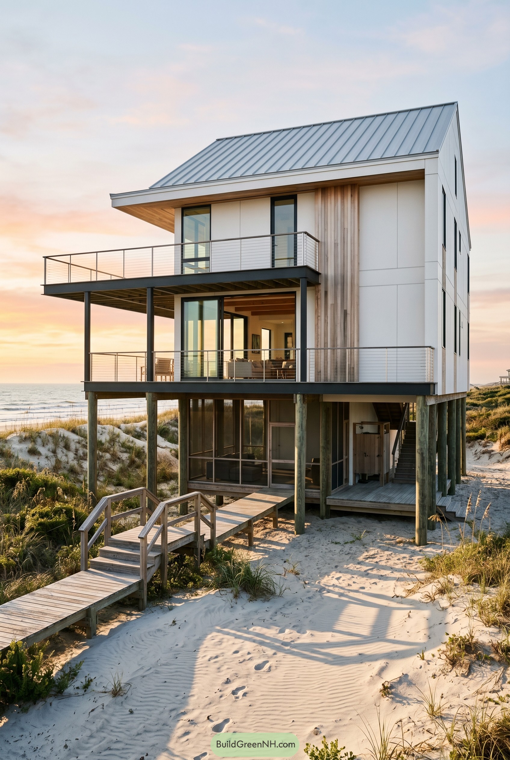 Raised modern beach house with decks over dunes