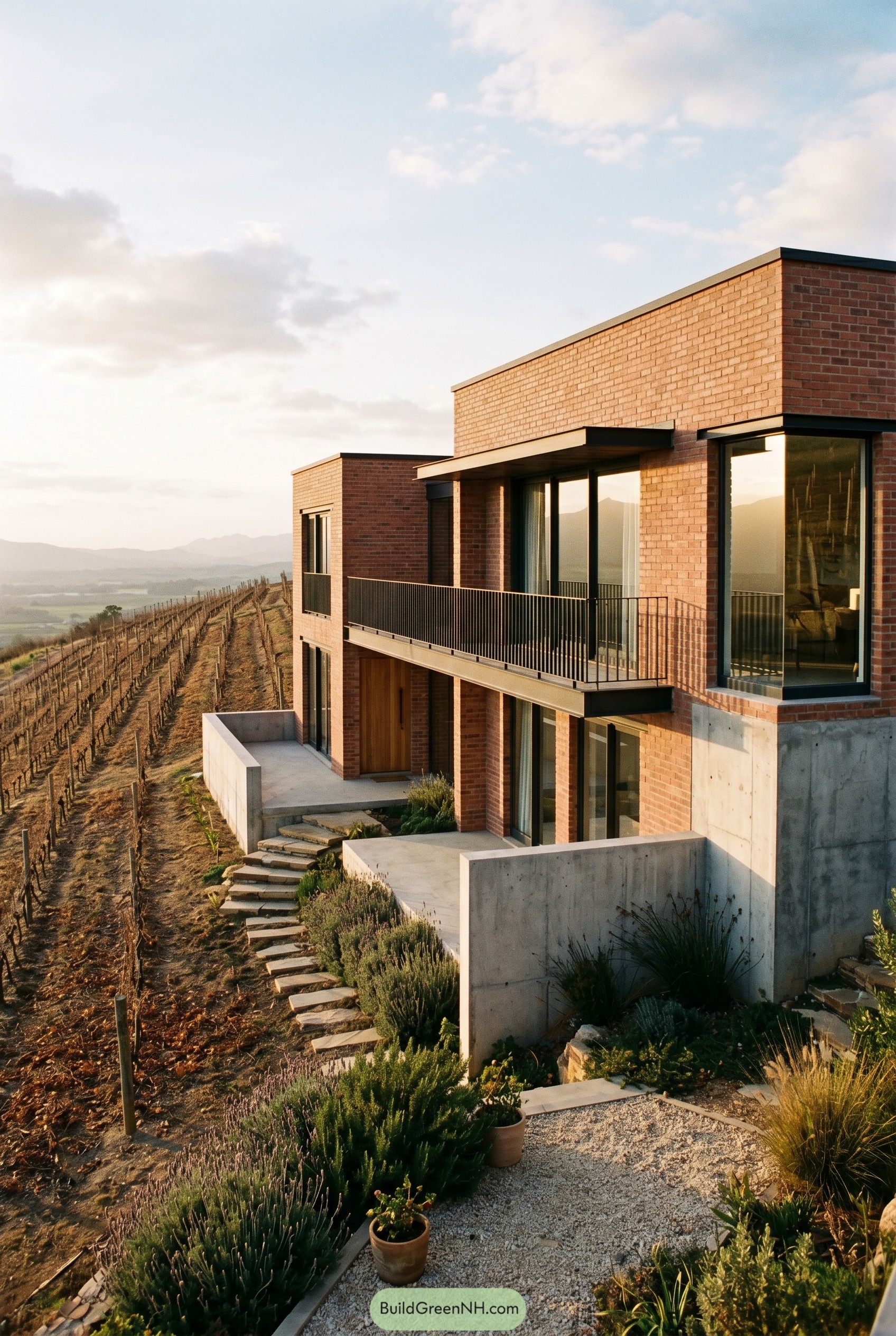 Modern red brick house on vineyard slope