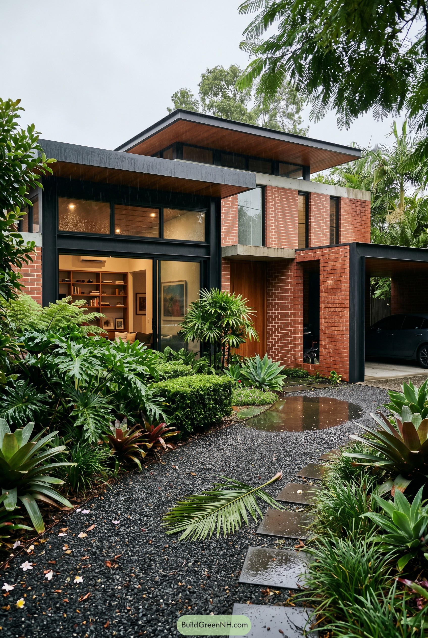 Modern red brick house with lush tropical landscaping
