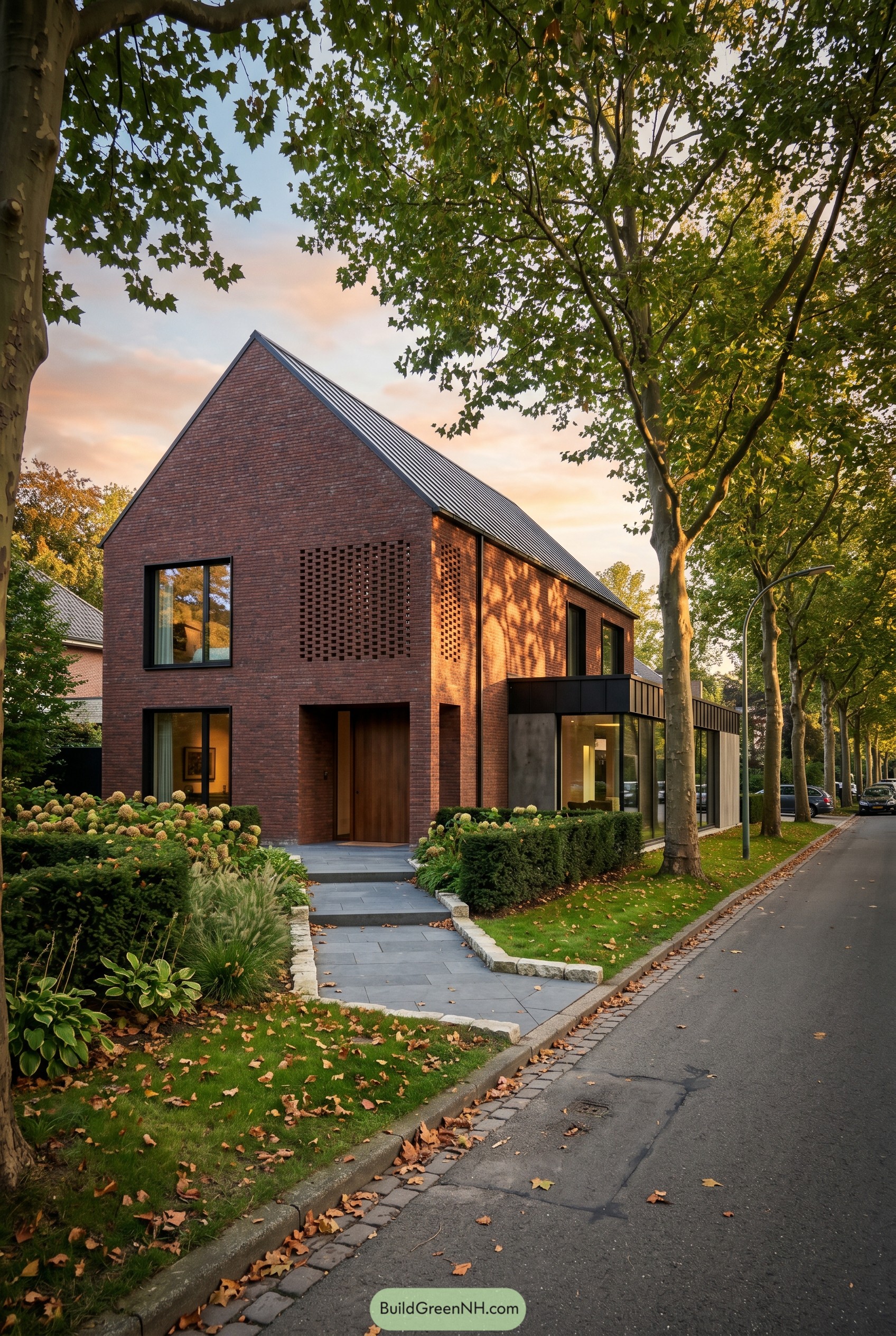 Modern red brick gabled house with brick screen and glass side wing