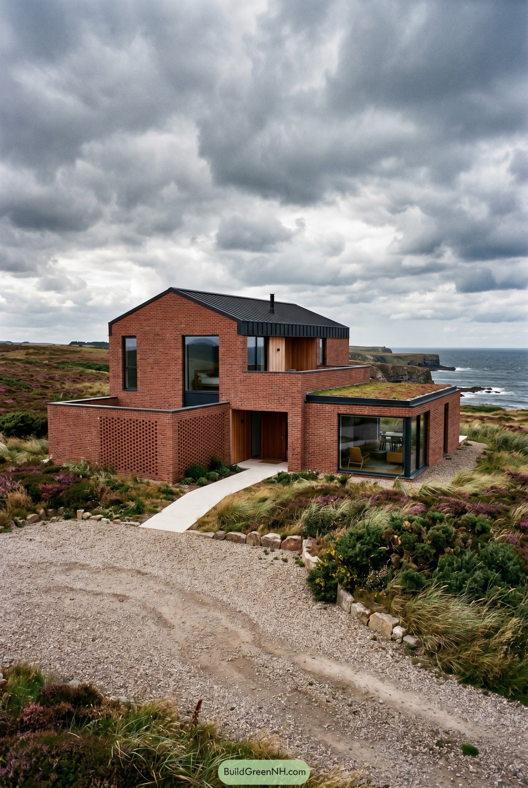 Modern red brick house on a rugged coastal cliff