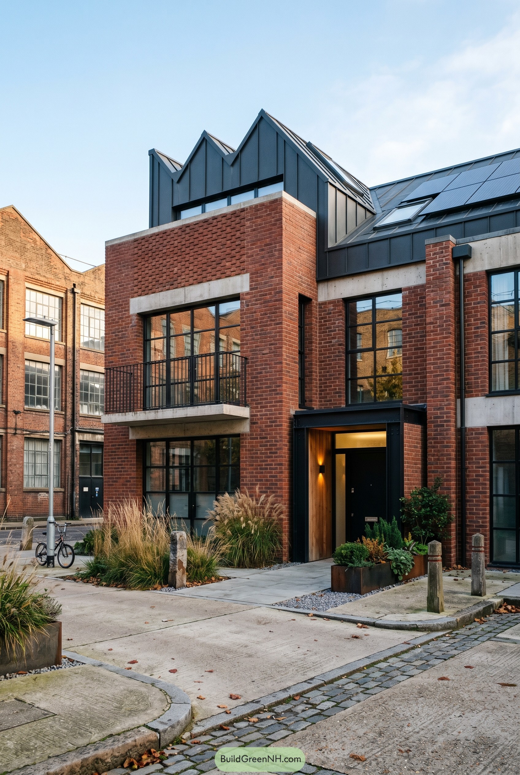 Red brick townhouse with black sawtooth roof