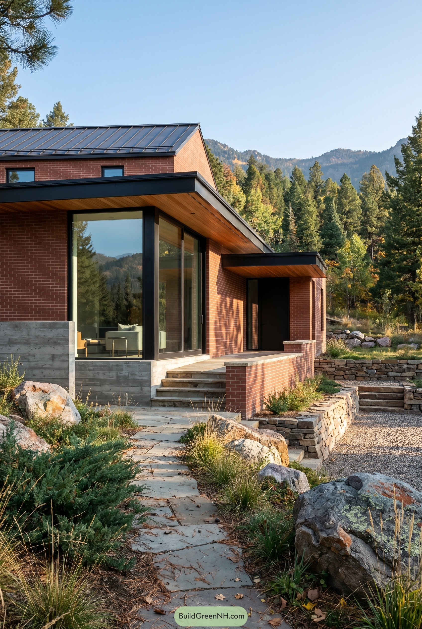 Modern red brick mountain house with corner glass
