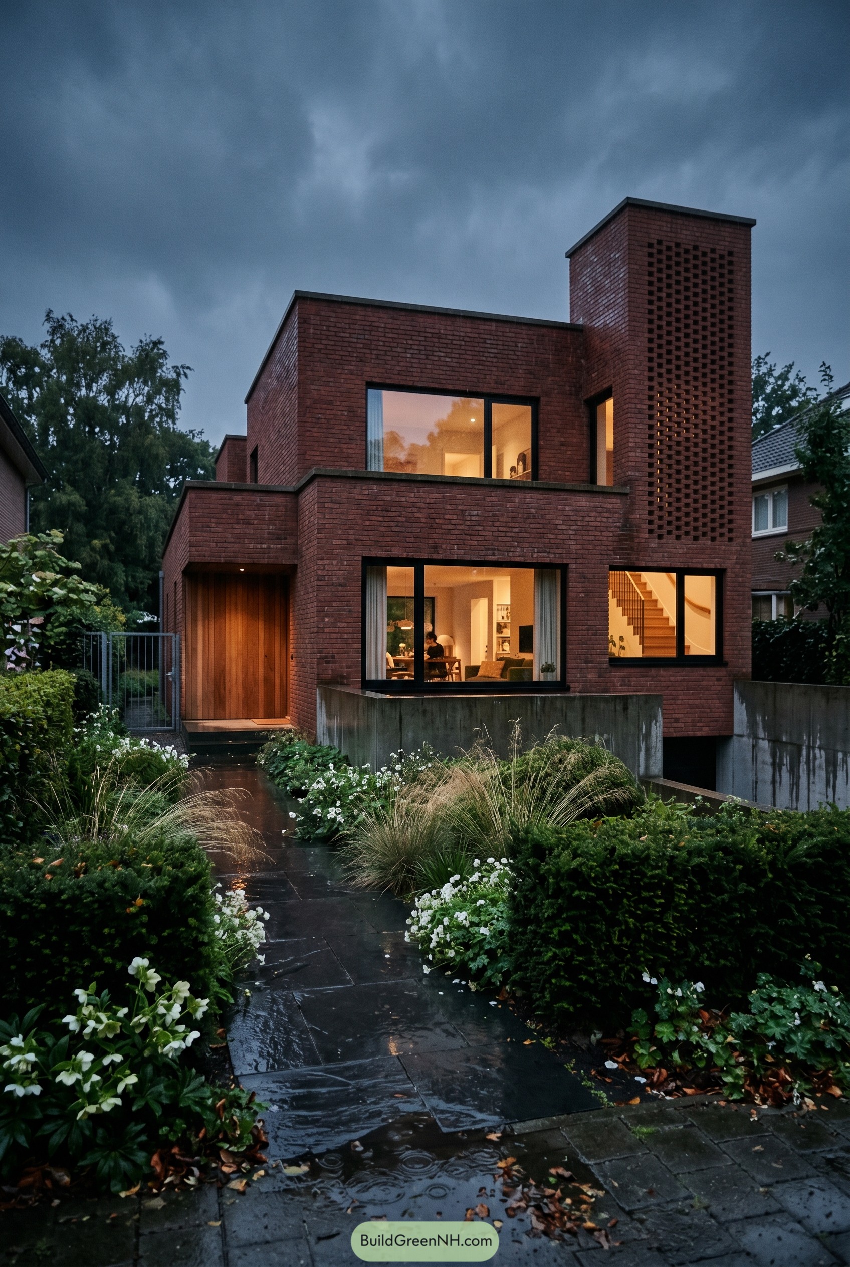 Modern red brick house with perforated tower and lush entry garden