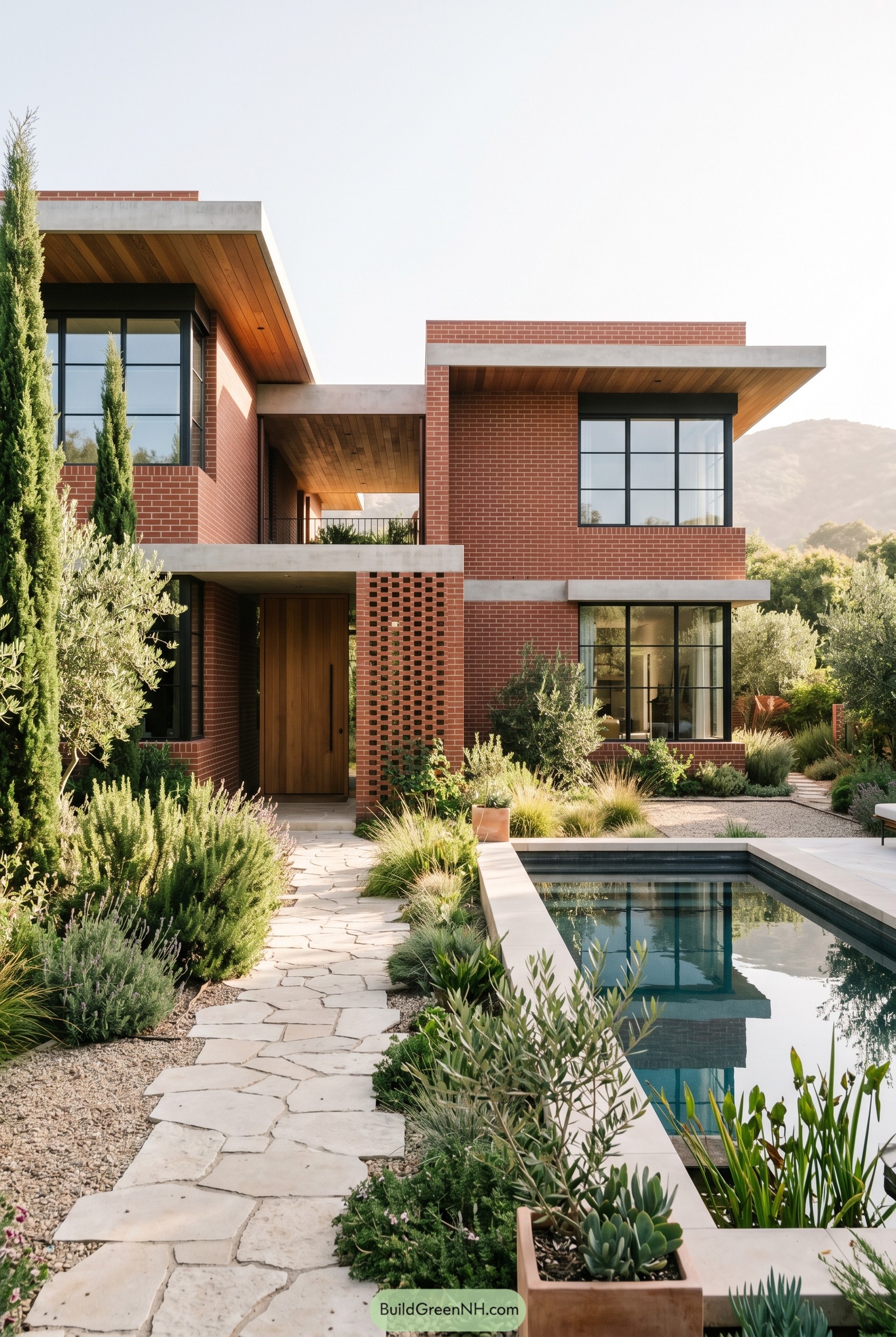 Modern red brick house with pool courtyard