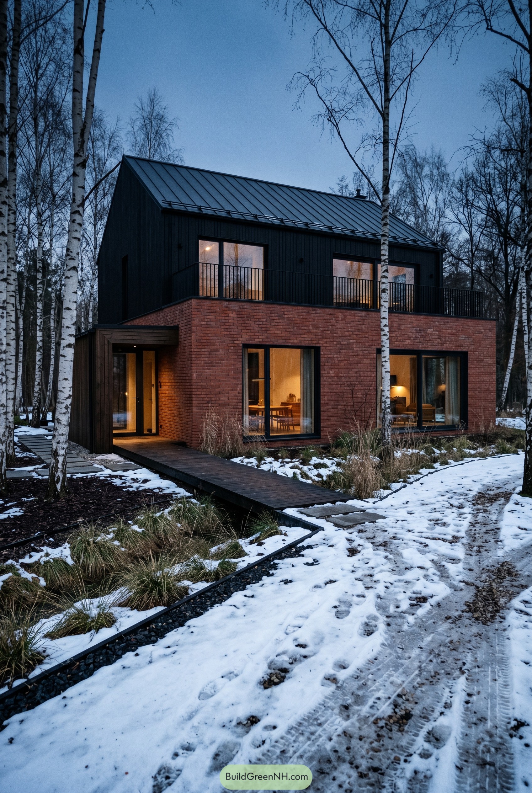 Modern red brick house with black gabled upper floor in snowy birch woods