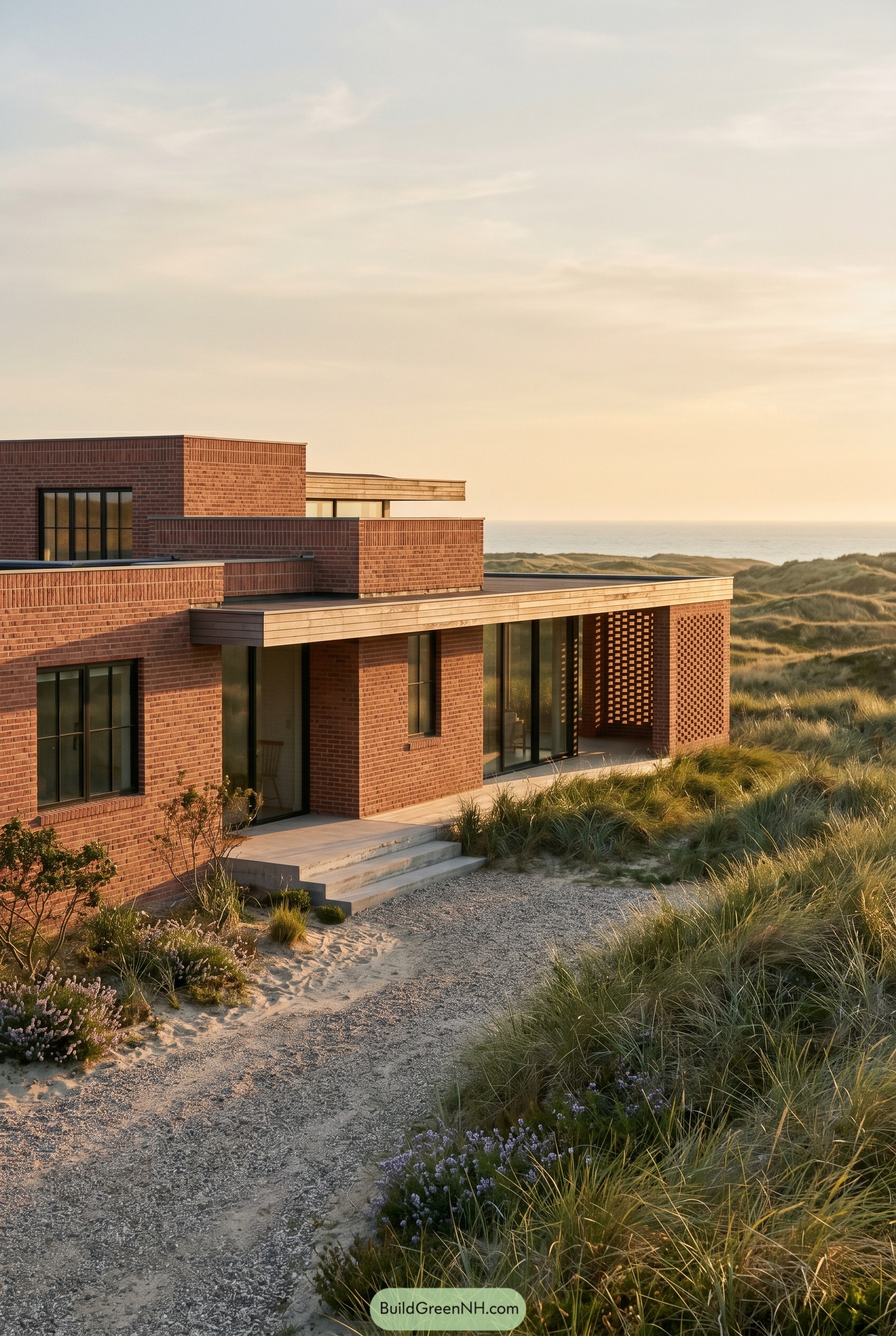 Modern red brick house in coastal dunes