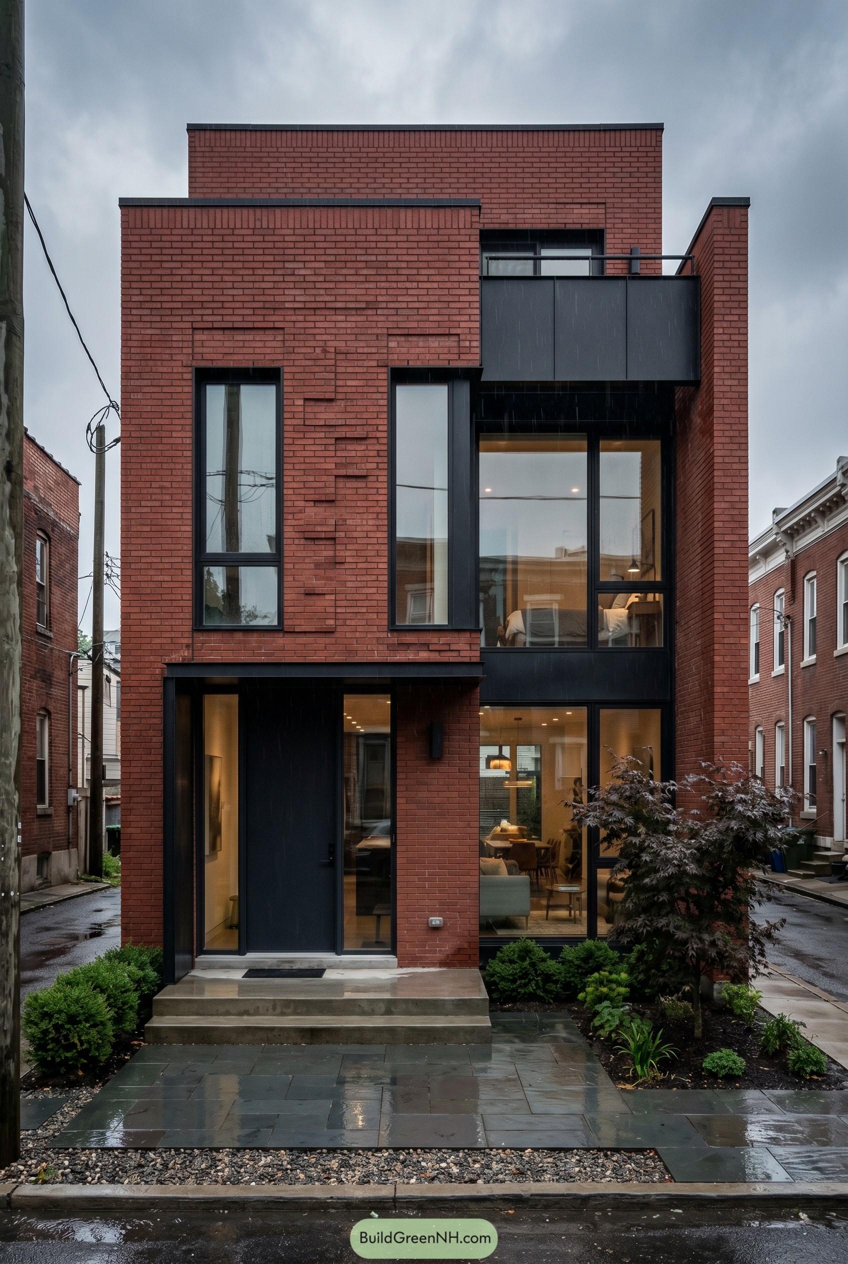 Narrow modern red brick house with black framed windows