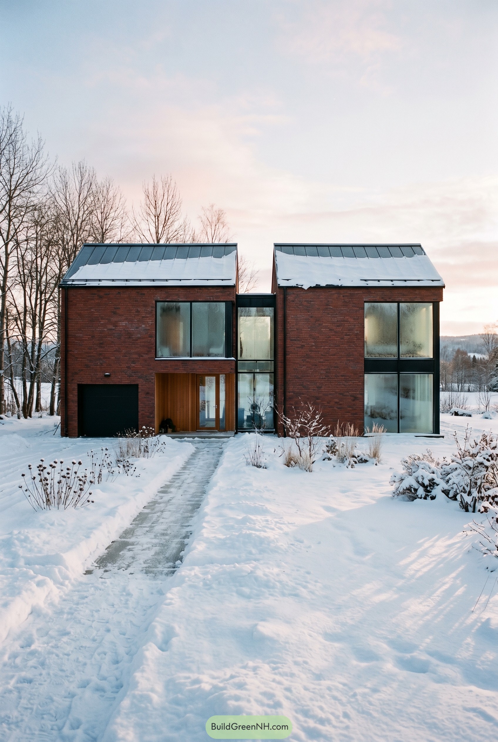 Modern red brick house with twin gables in snow