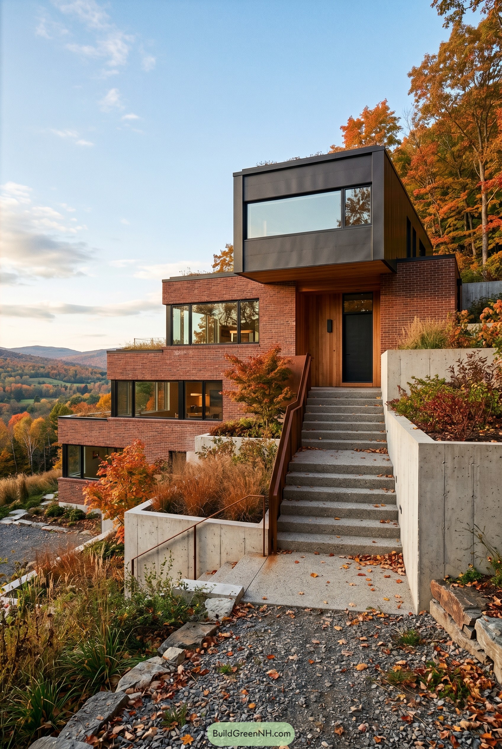 Terraced red brick hillside home with cantilevered upper level