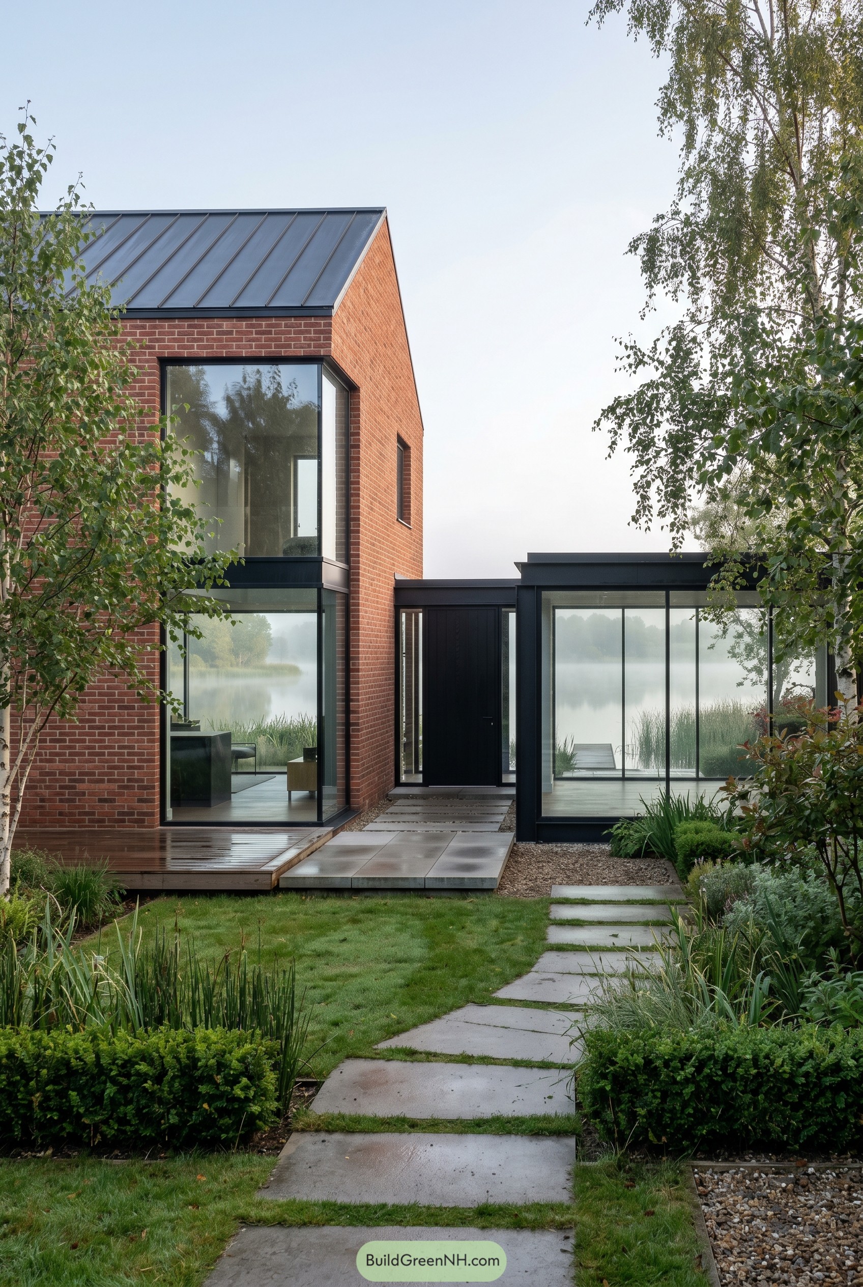 Red brick gabled house with glazed lake wing