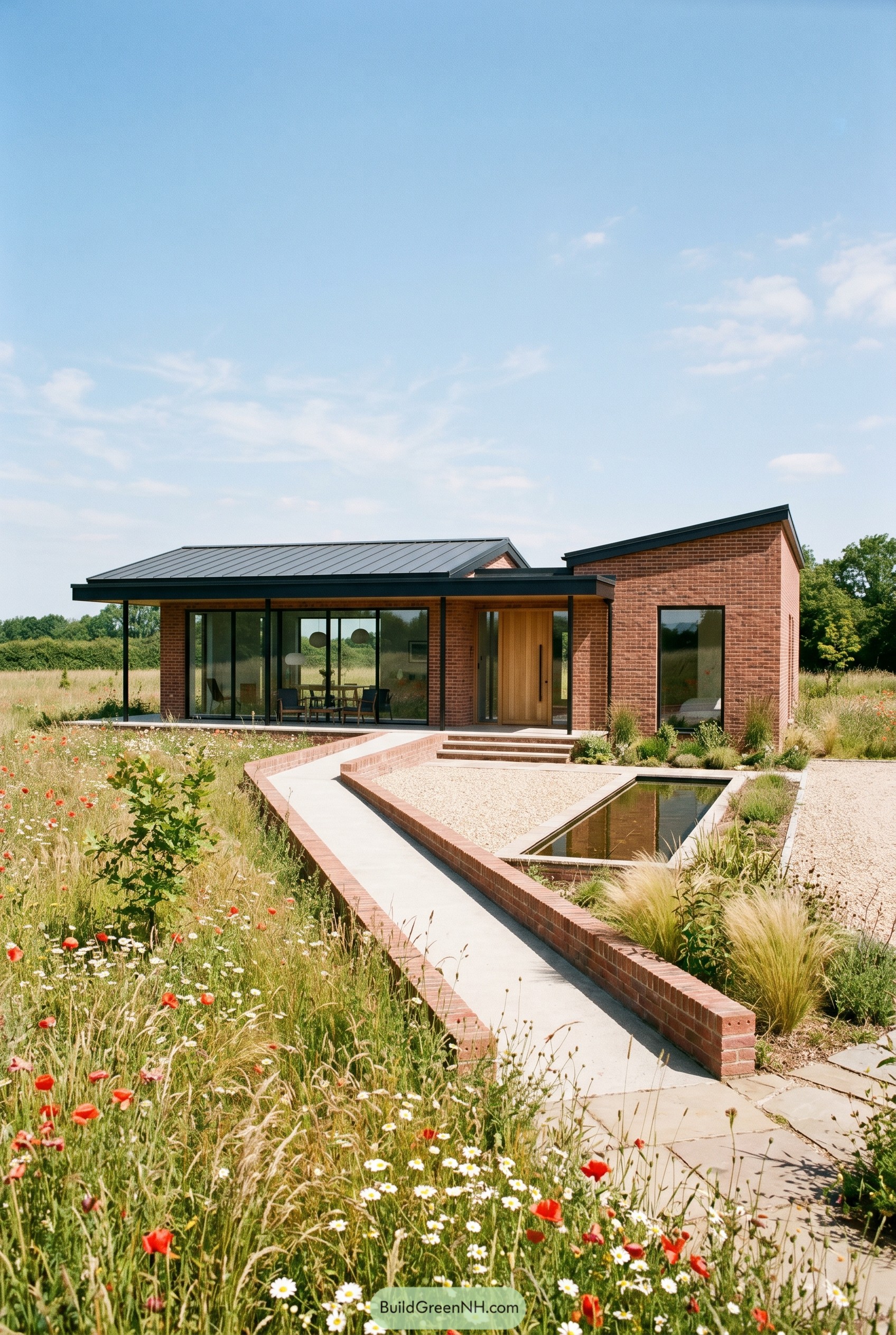 Modern red brick house with reflecting pool in a meadow