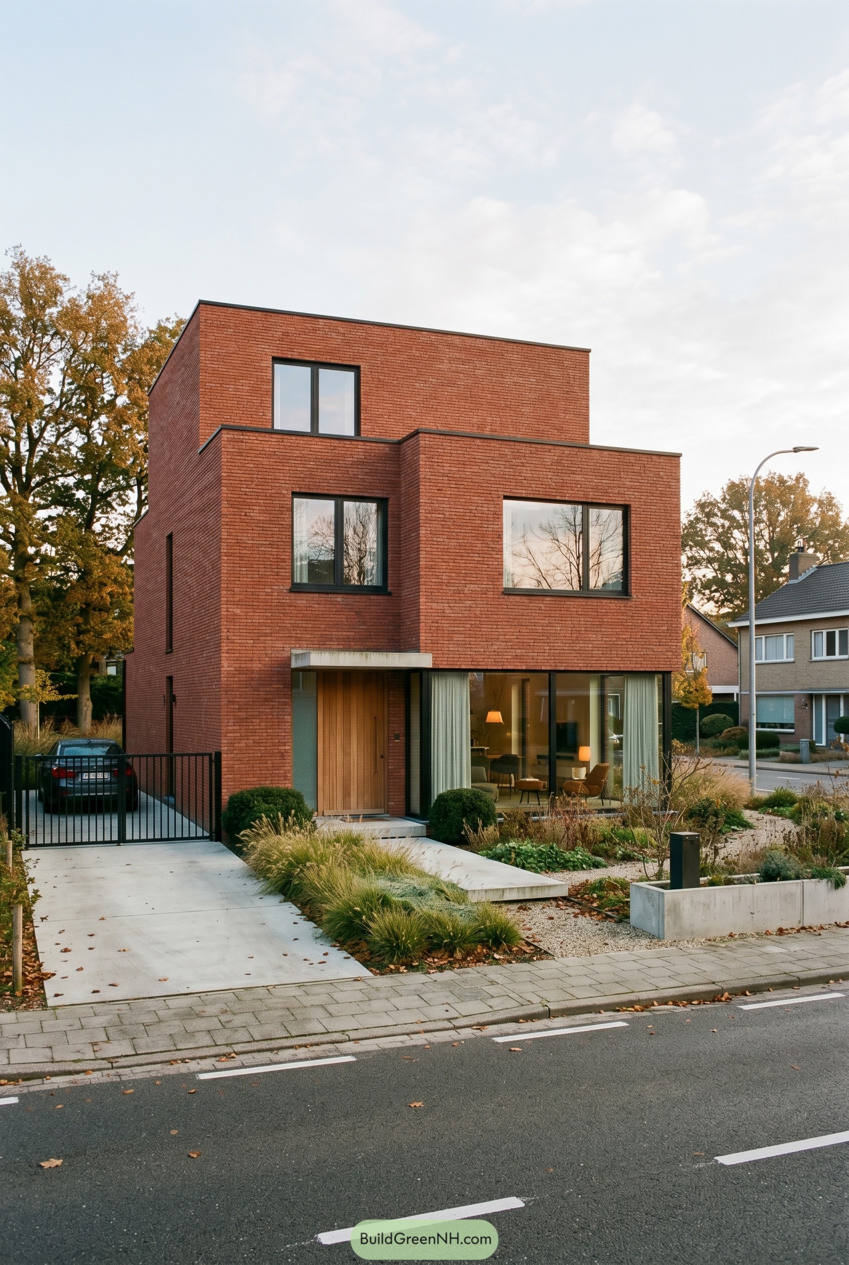 Modern red brick house with cubic volumes