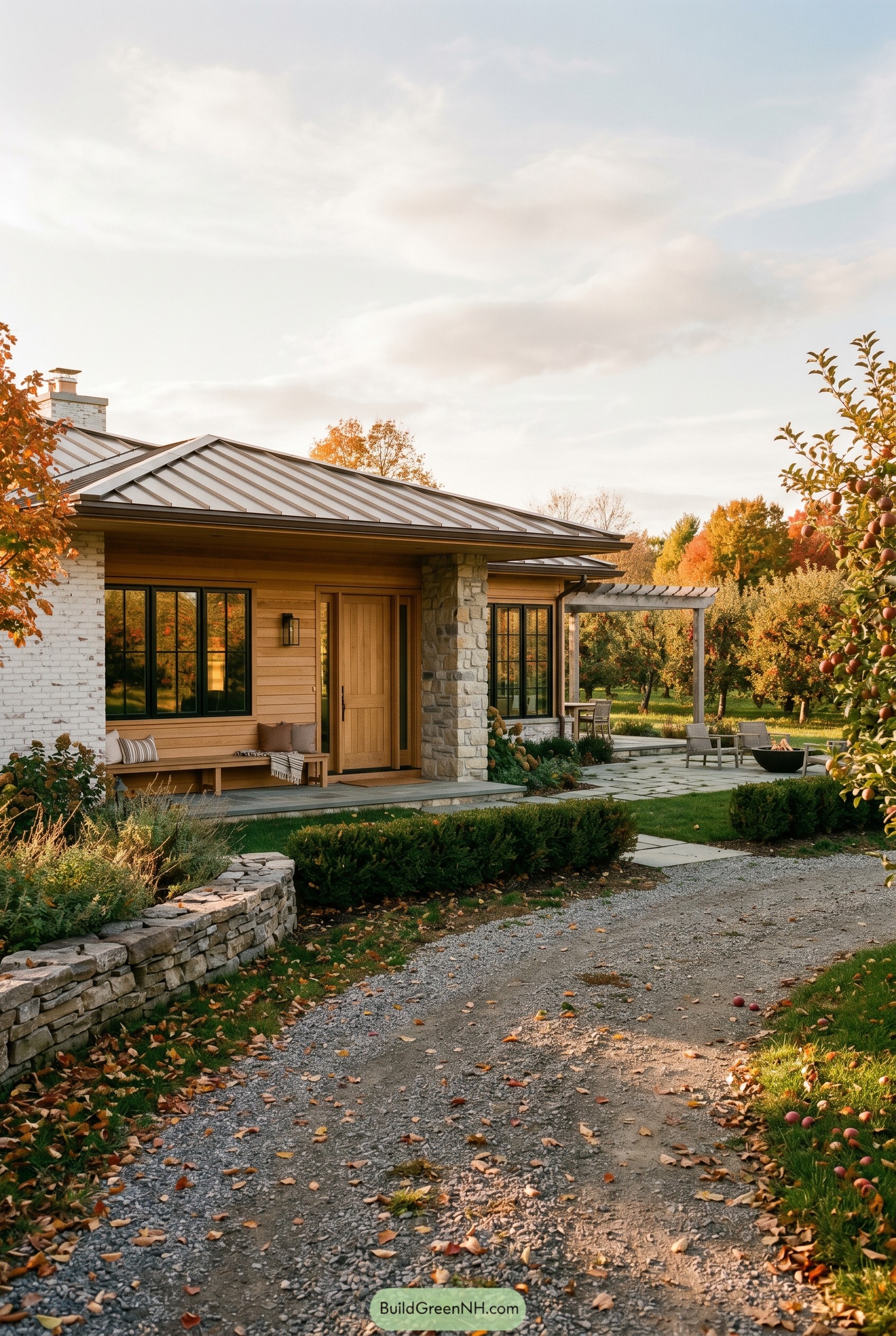 Modern rustic ranch house by an orchard