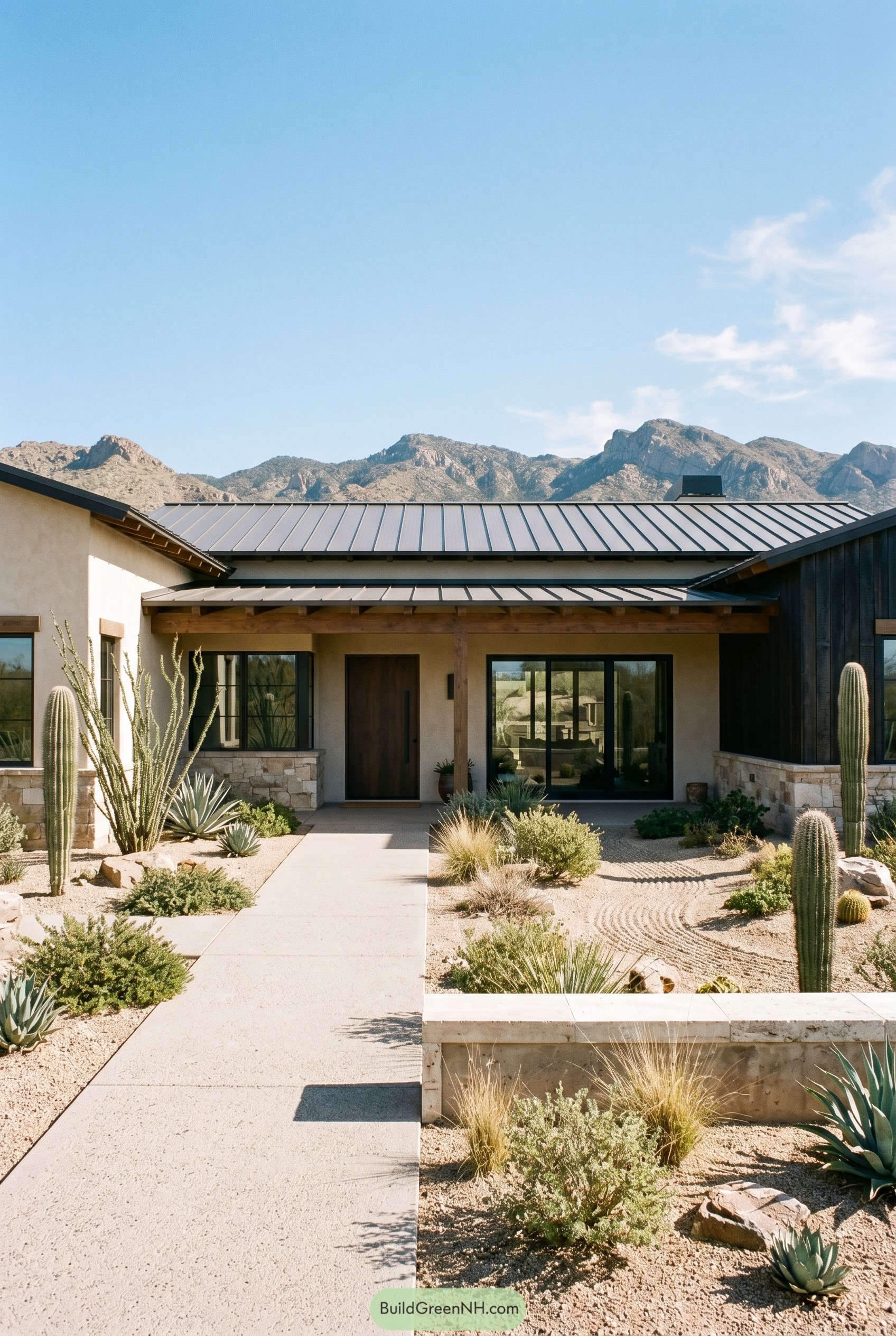 Modern desert ranch with metal roof and cacti