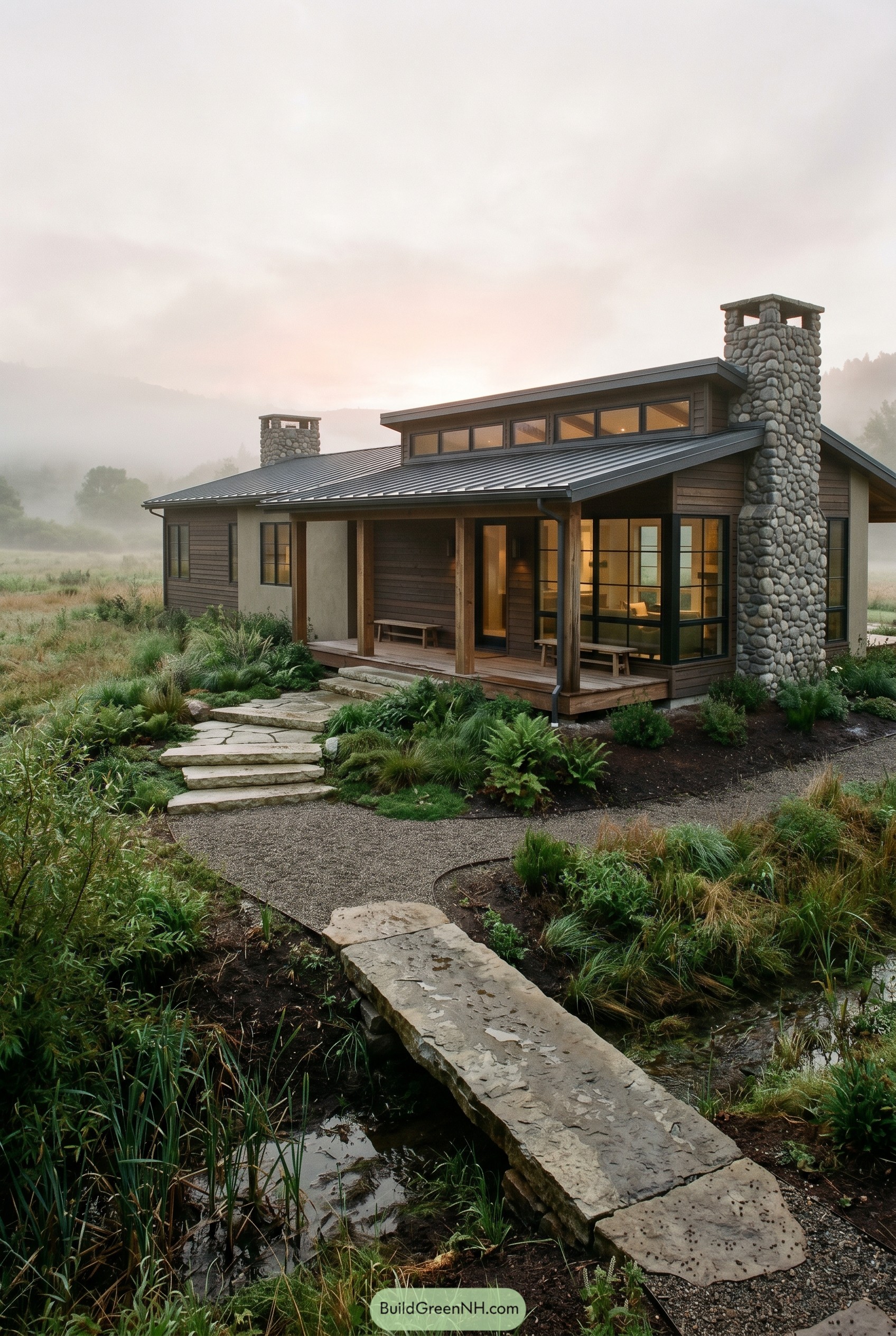 Rustic ranch house with stone chimneys and creek bridge