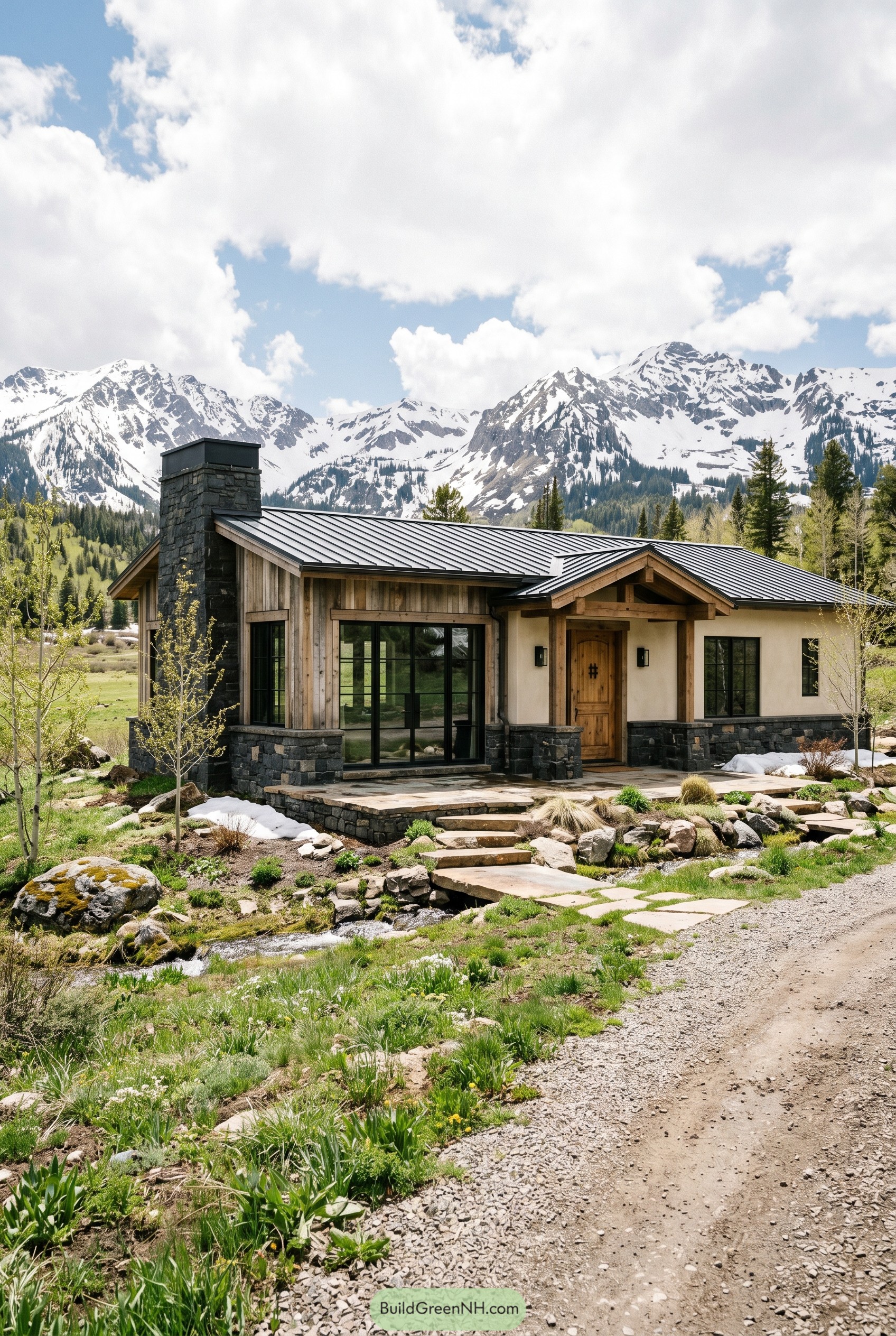 Modern rustic ranch with stone chimney and snowy mountains