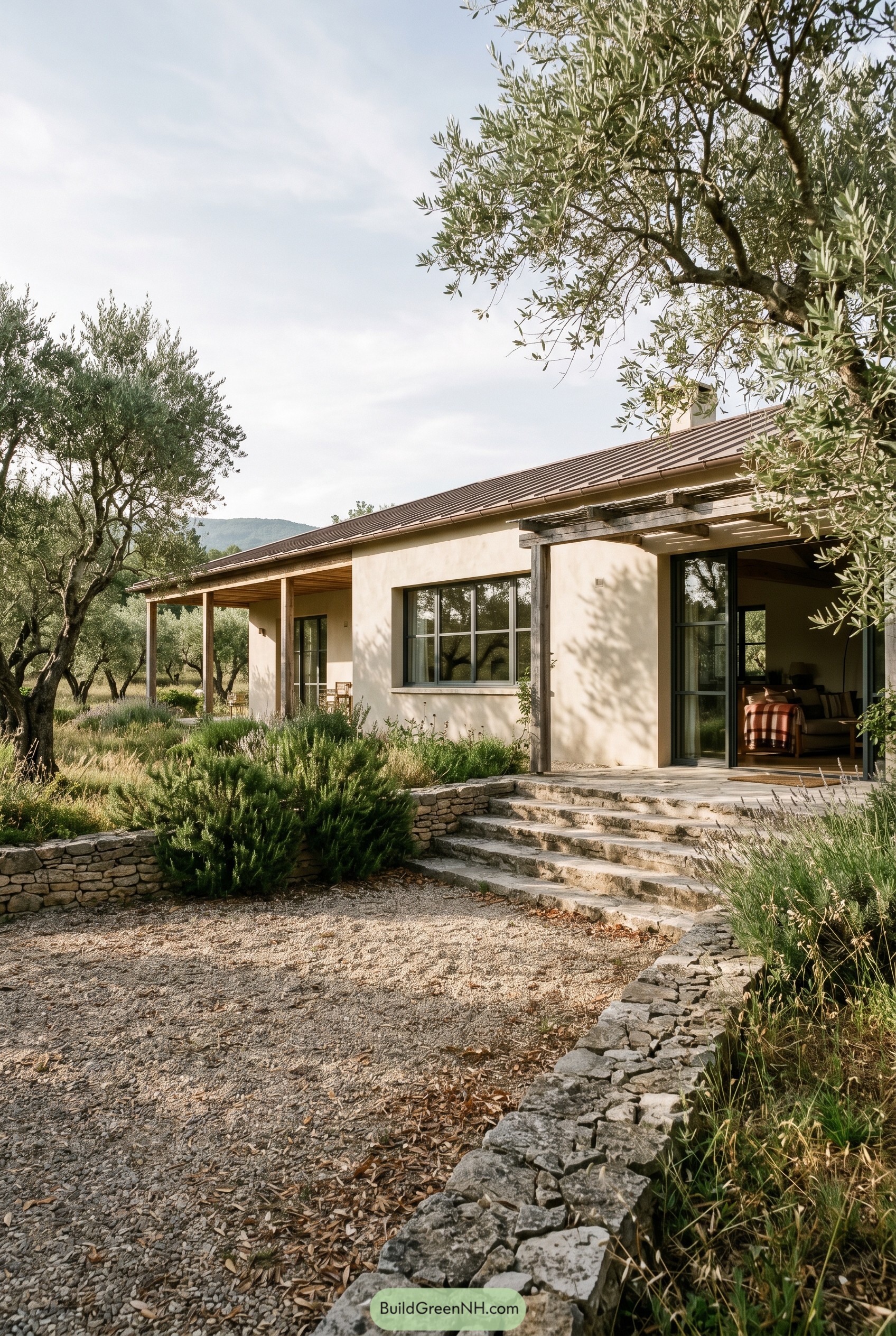 Stucco ranch house with stone steps in an olive grove