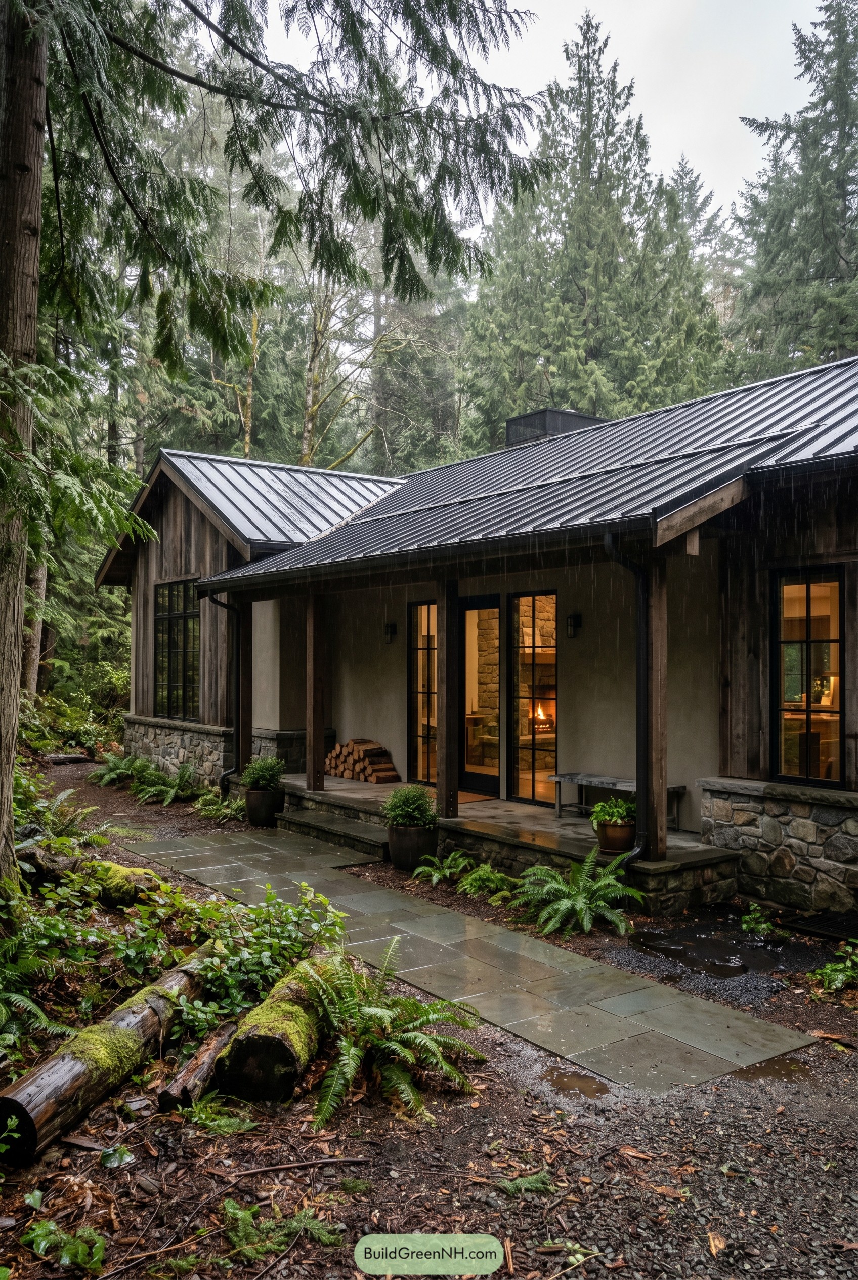 Rustic ranch house in a rainy evergreen forest
