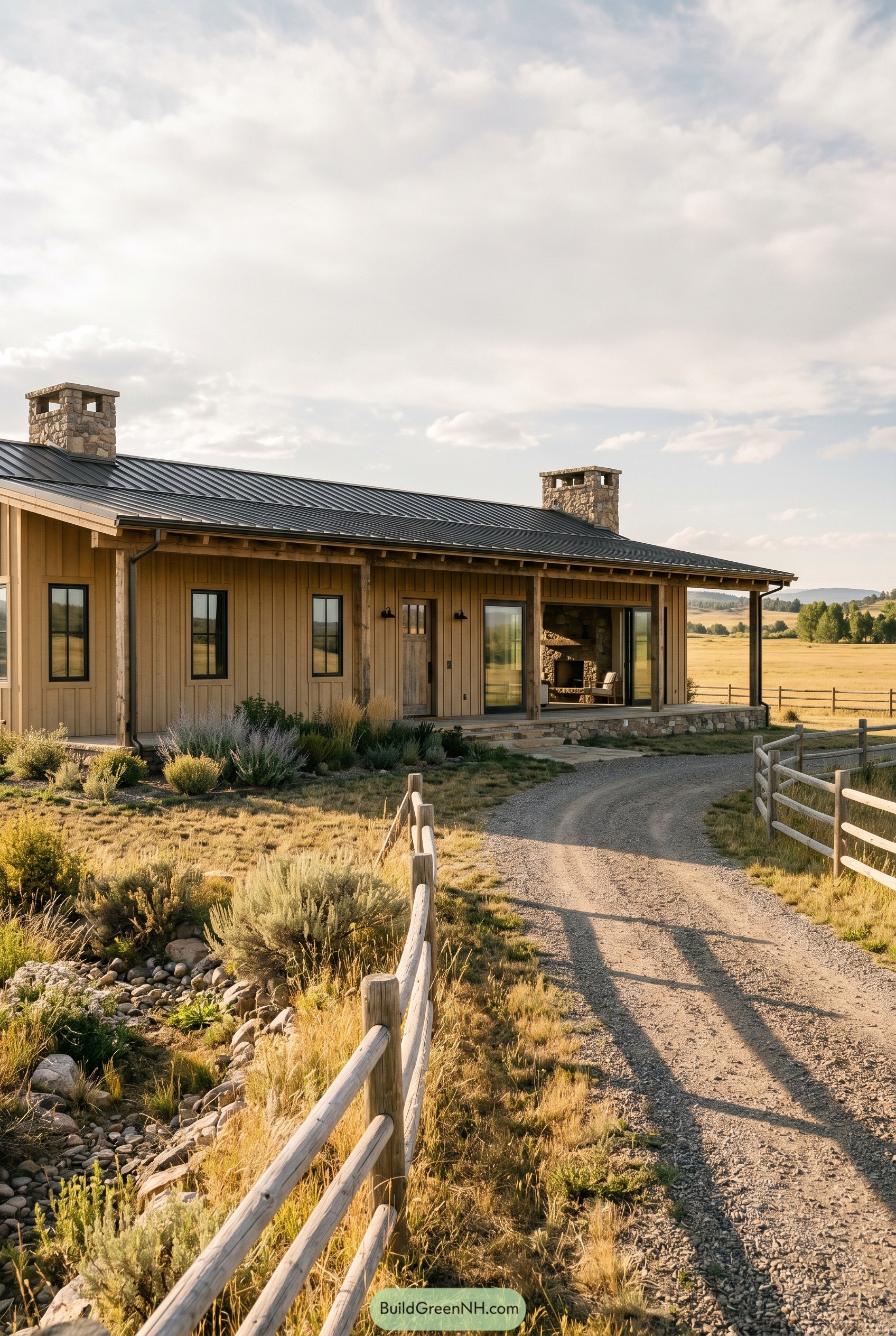 Modern rustic ranch with stone chimneys and porch