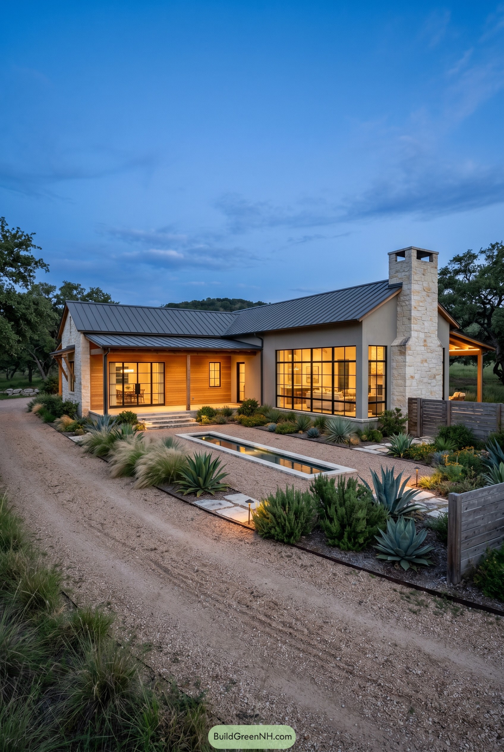 Modern rustic ranch with stone chimney and reflecting pool