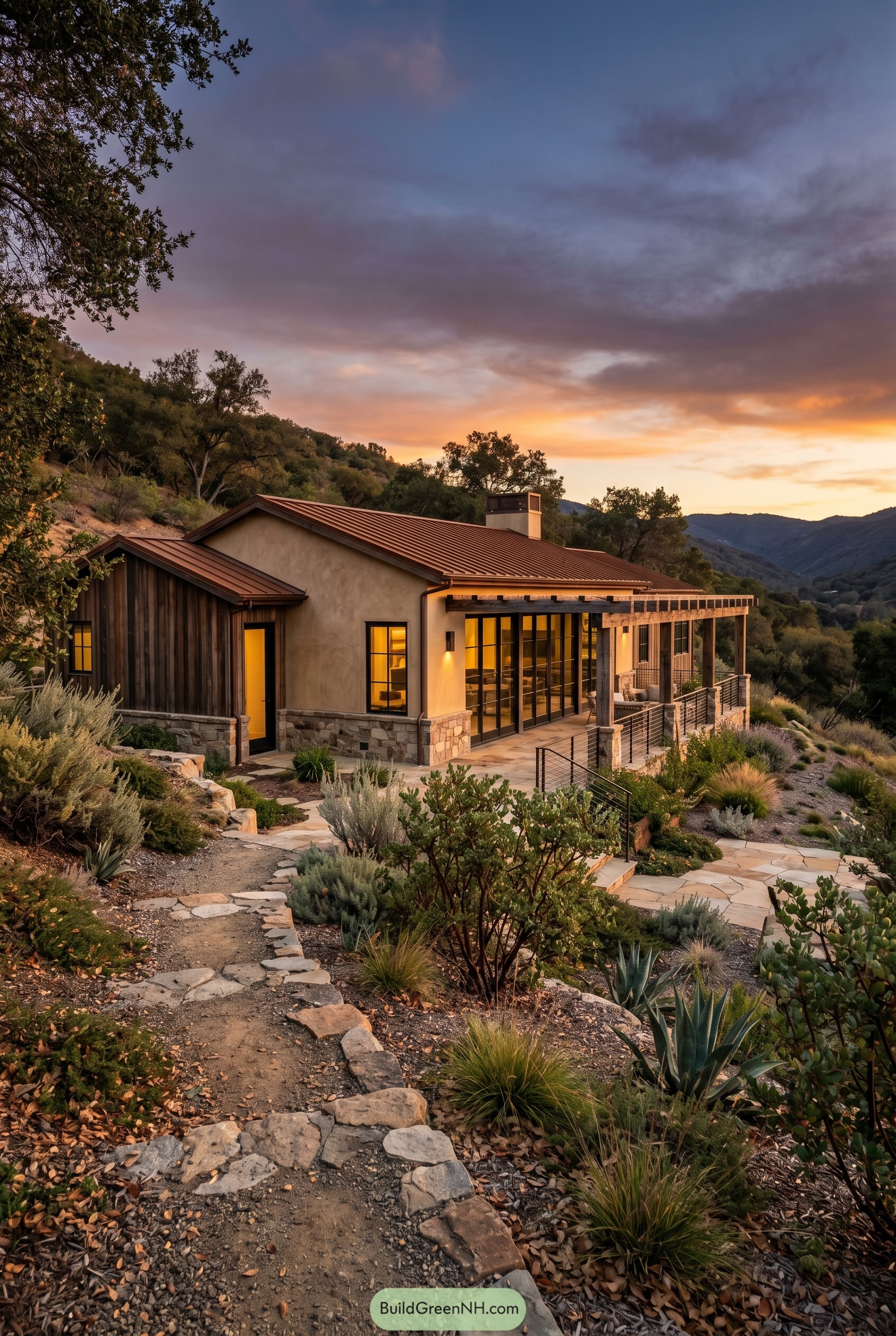 Hillside ranch house with porch and metal roof at sunset