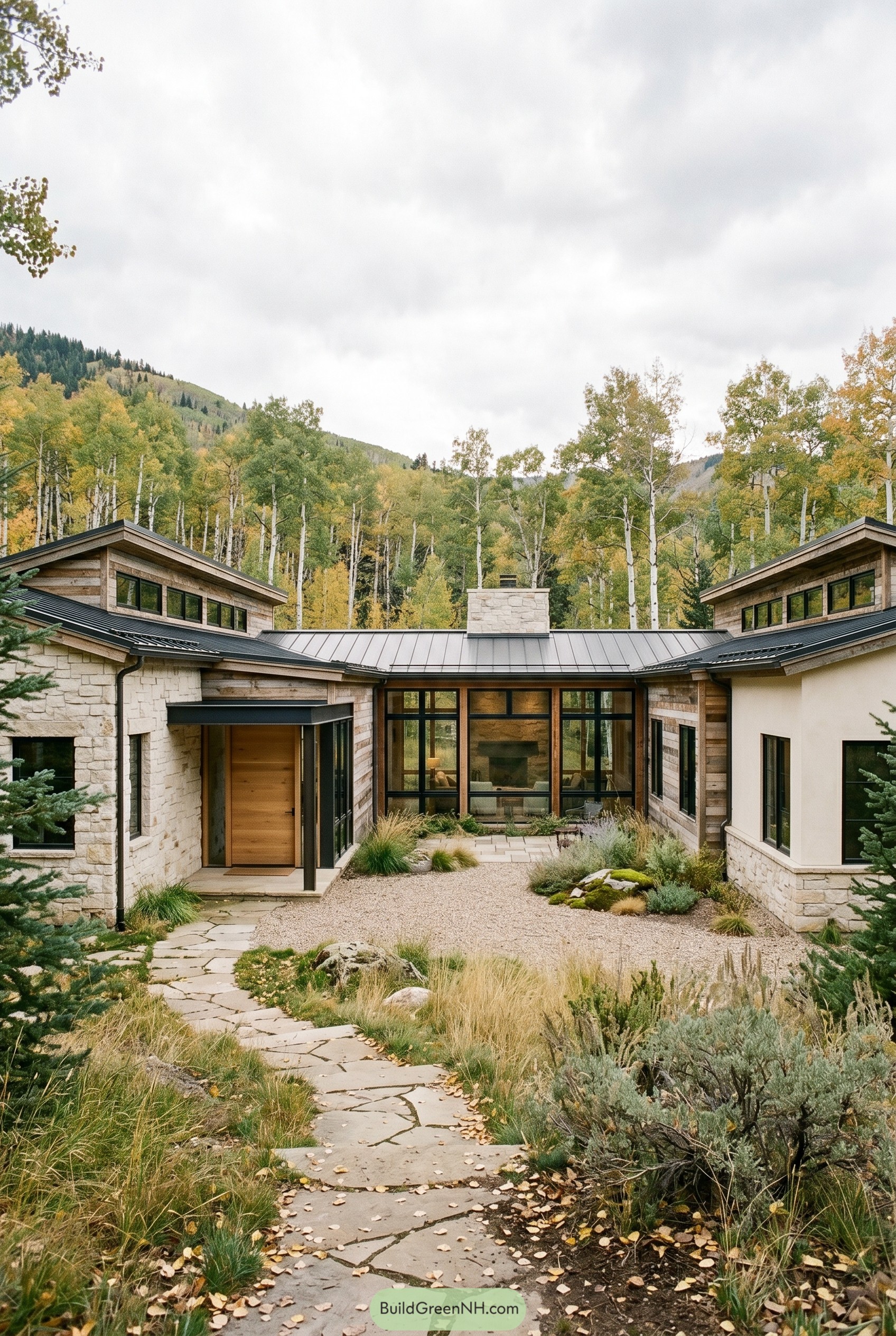 Modern rustic ranch with stone courtyard entry