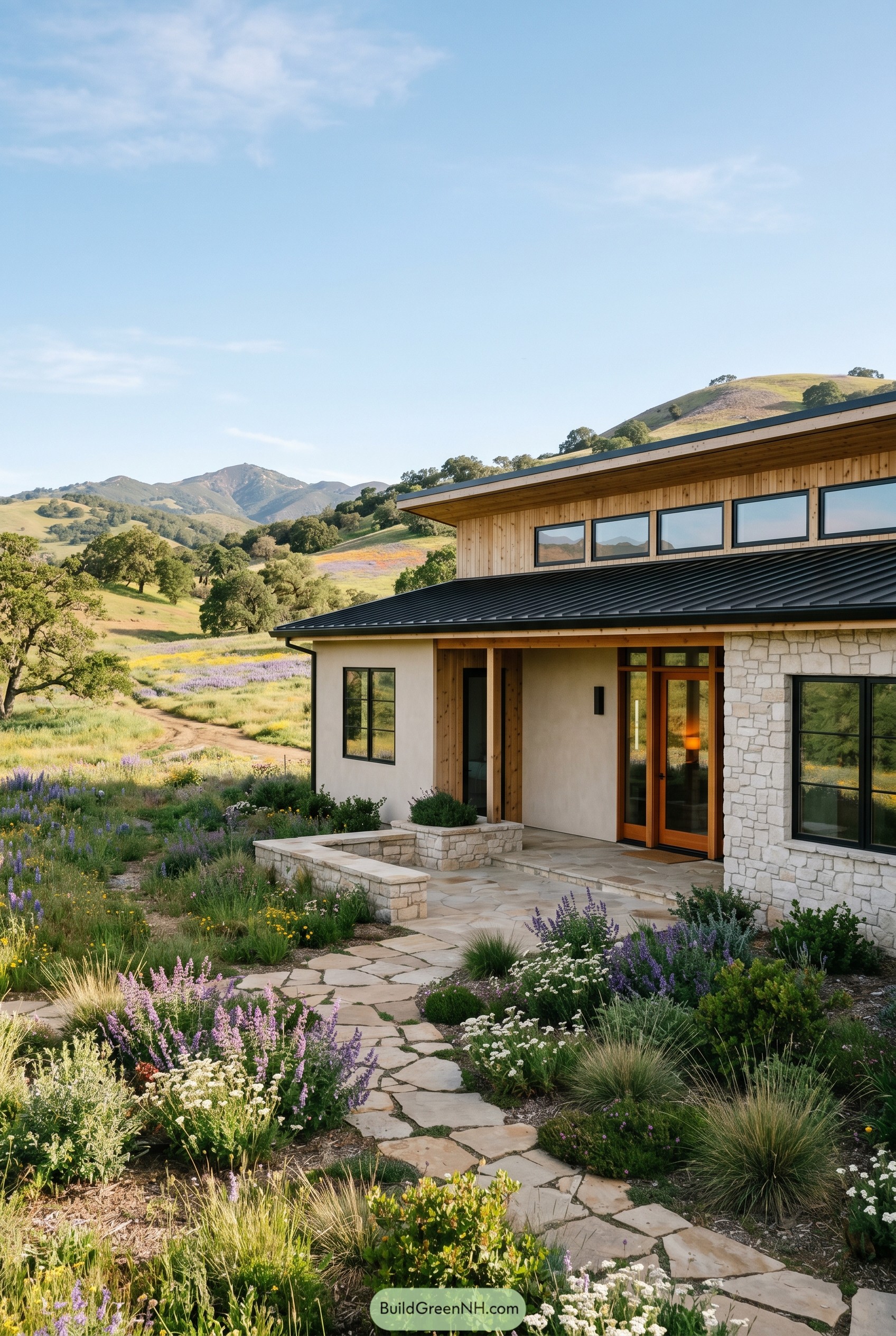 Modern rustic ranch with stone facade and wildflower path
