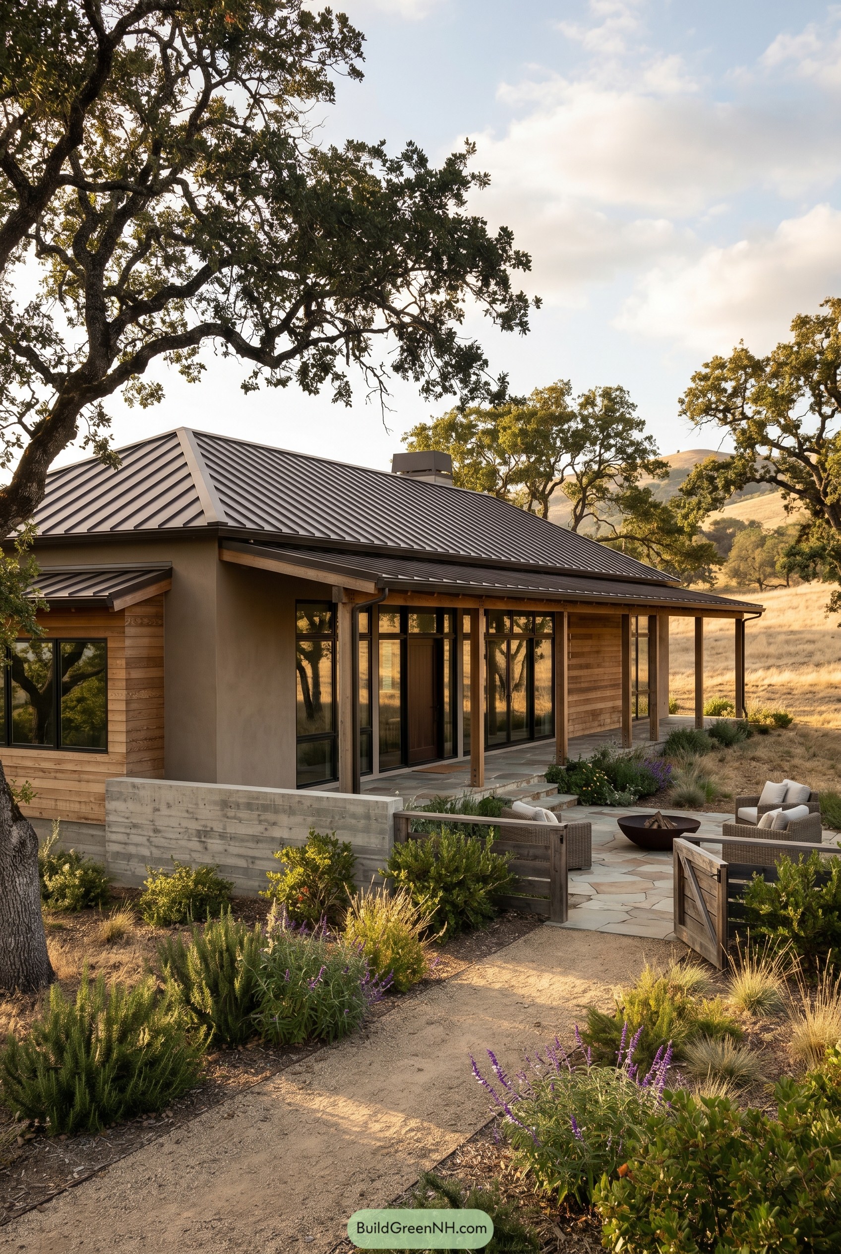 Modern rustic ranch house with metal roof and native garden