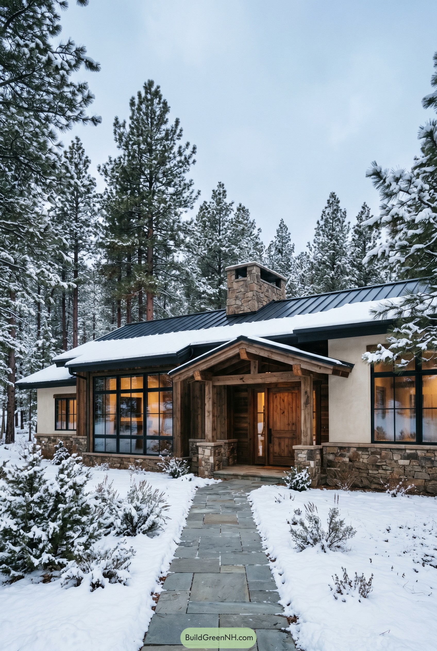 Modern rustic ranch house in snowy pines