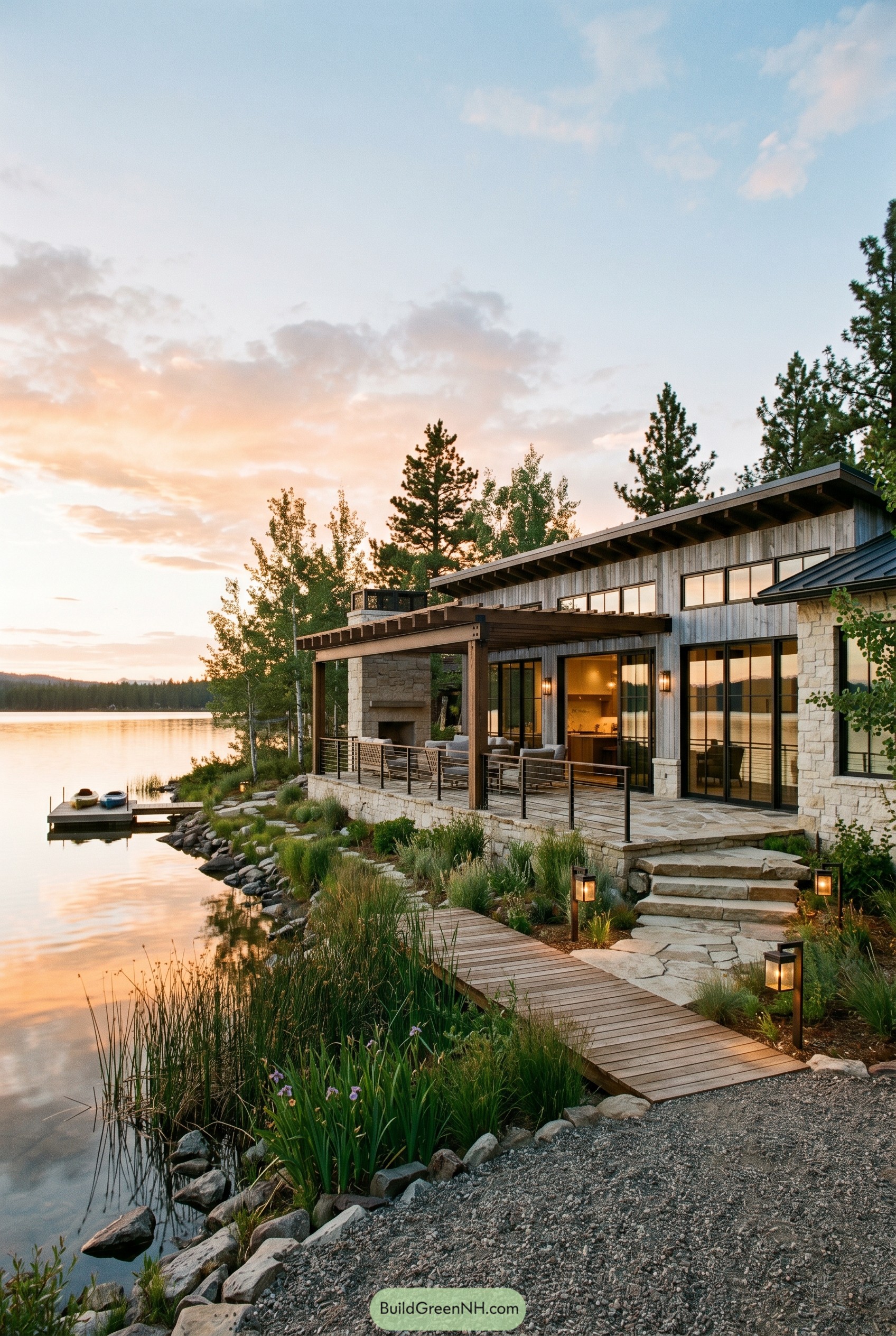 Modern rustic ranch beside a calm lake