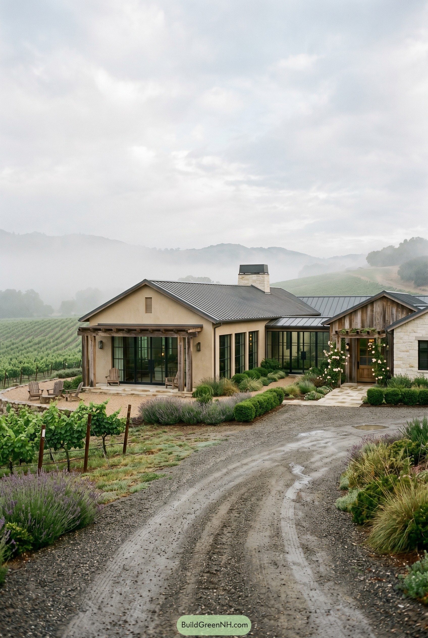 Modern rustic ranch beside vineyards