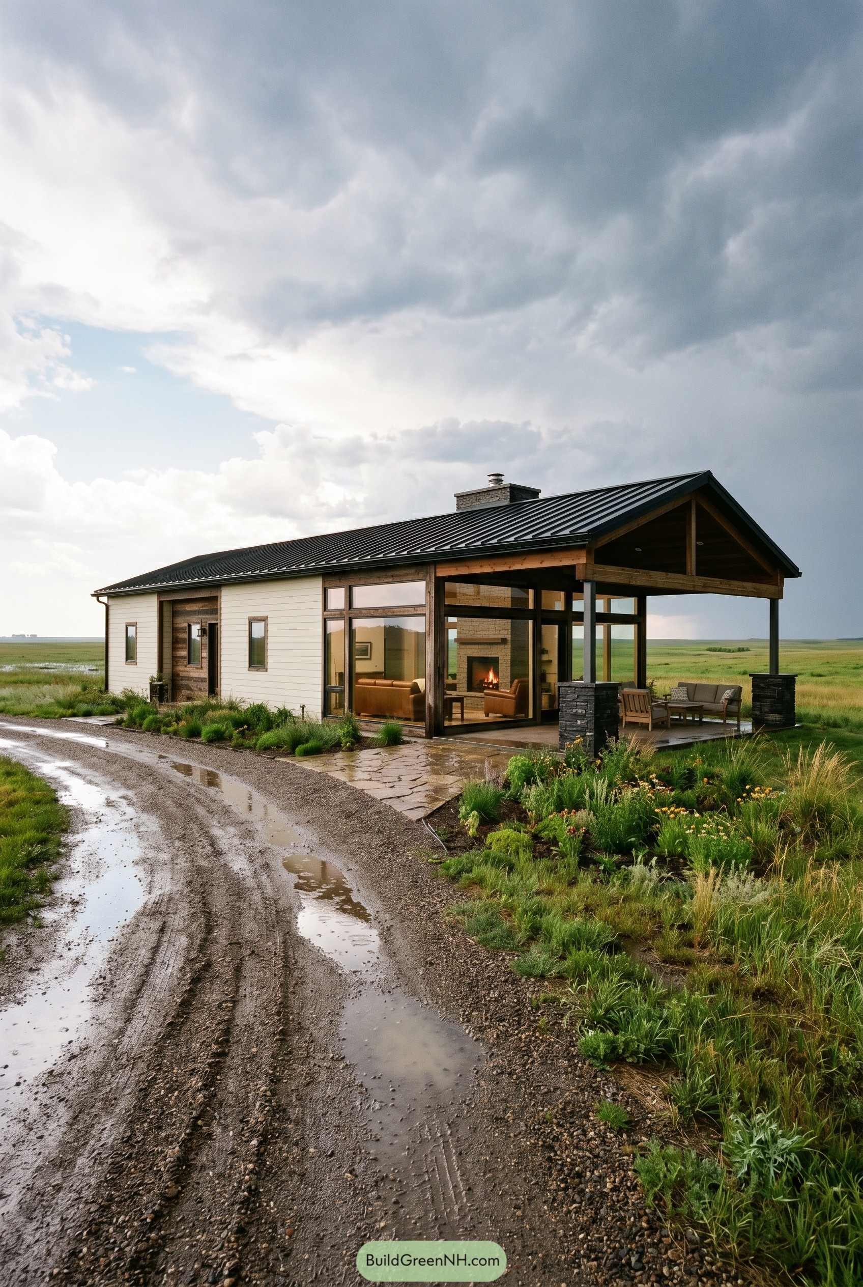 Modern rustic ranch house with covered porch