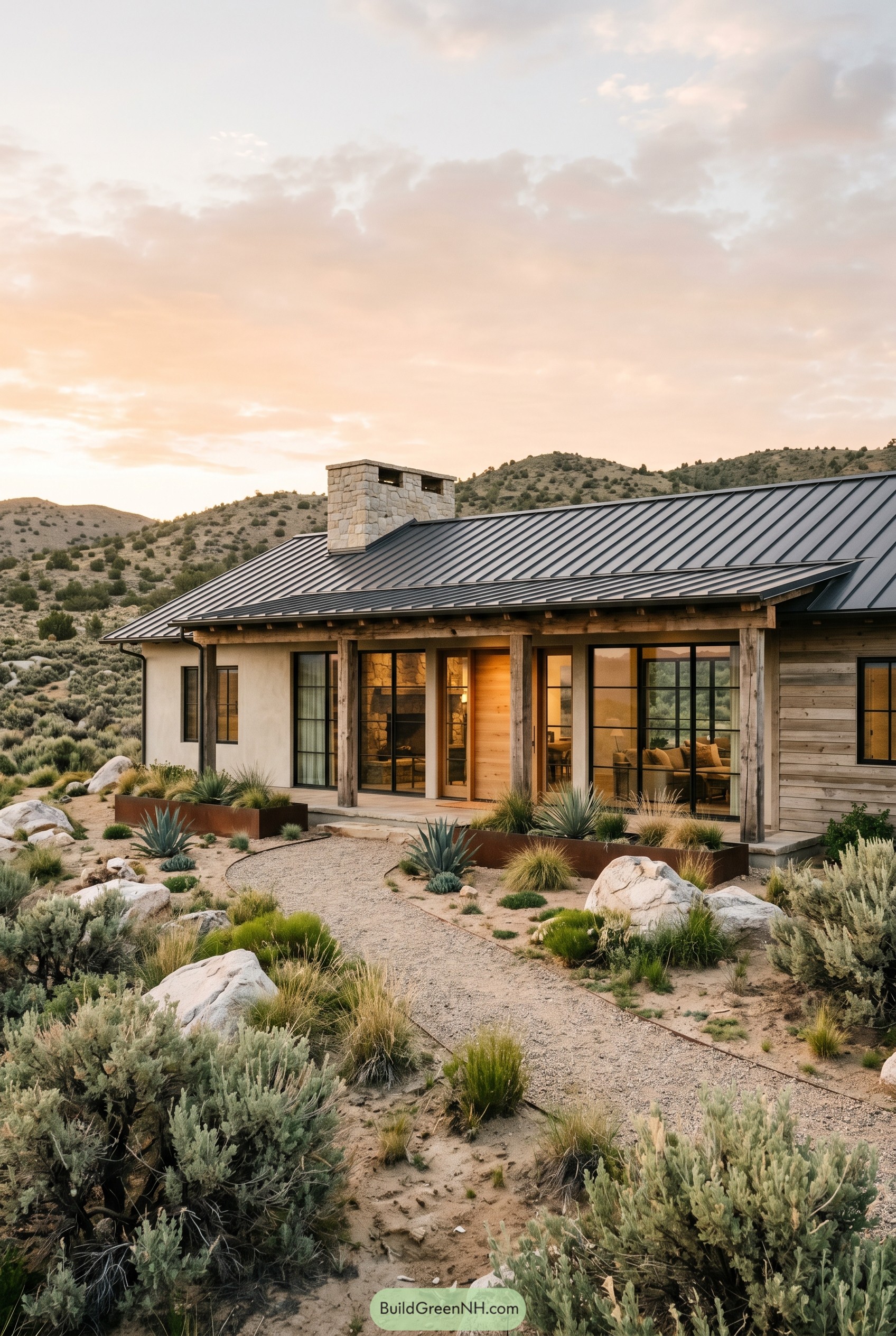 Modern rustic ranch house in desert hills