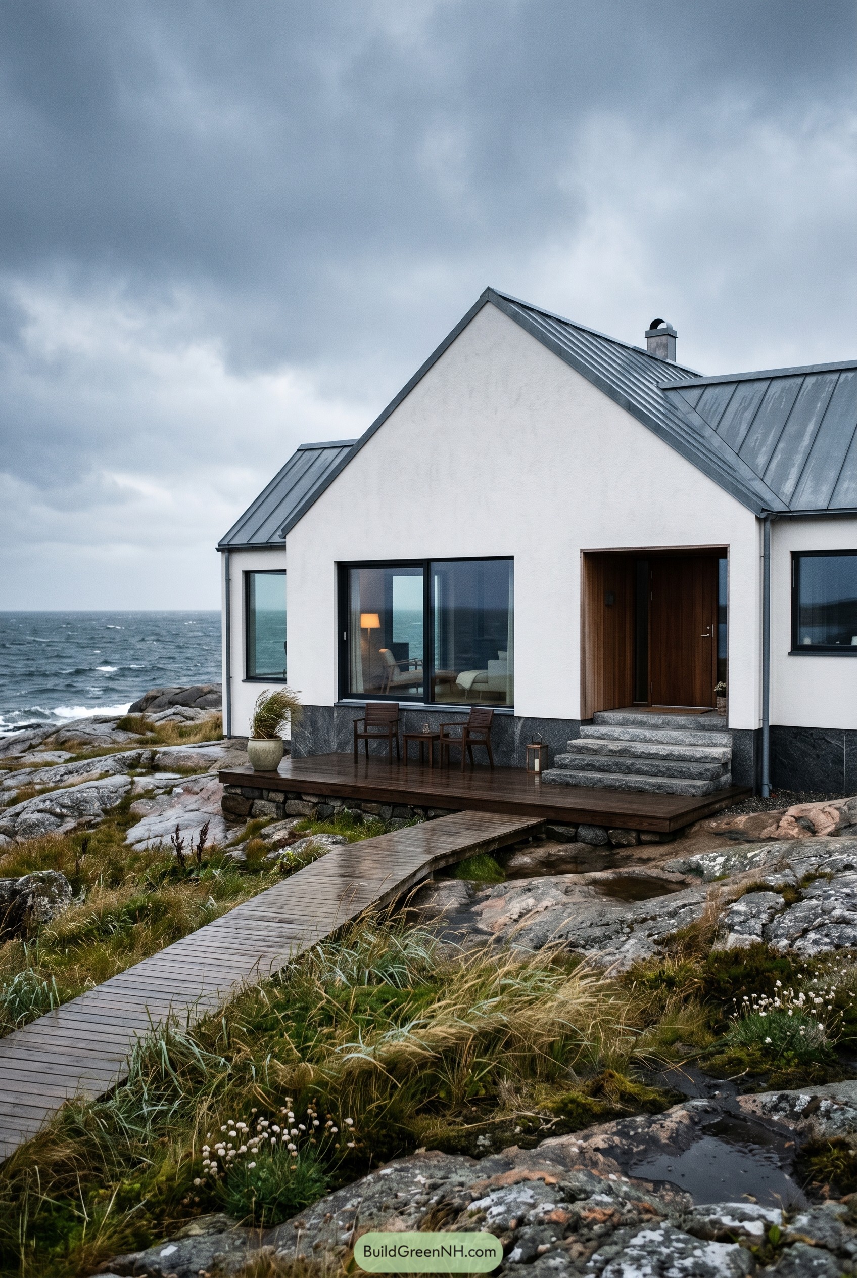 White Scandinavian house on a rocky coast