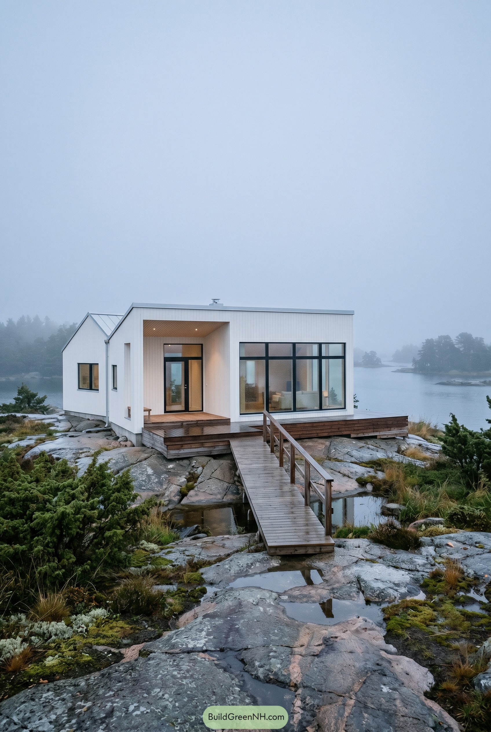 White modern house on rocky waterfront with bridge deck