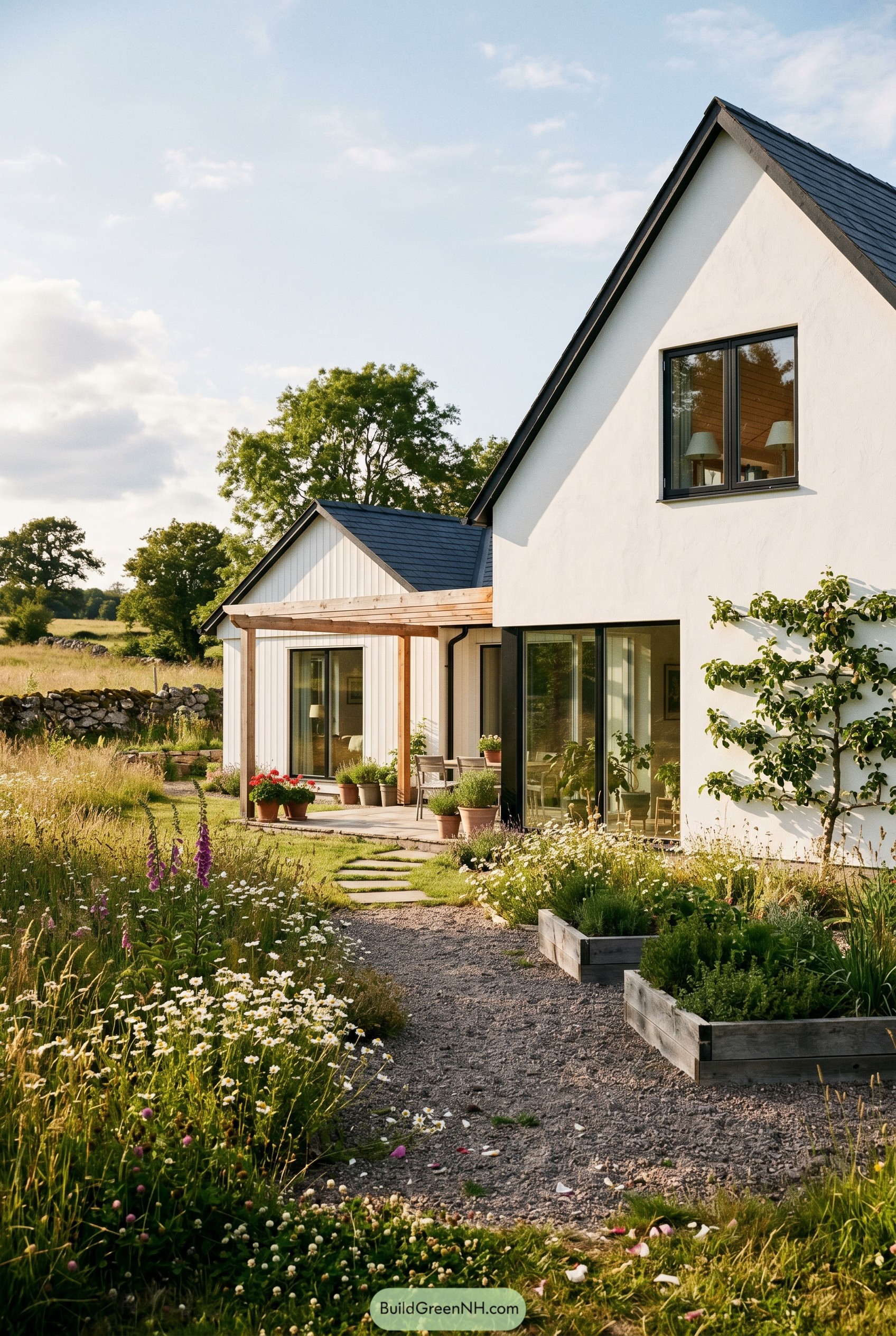 White Scandinavian house with meadow garden