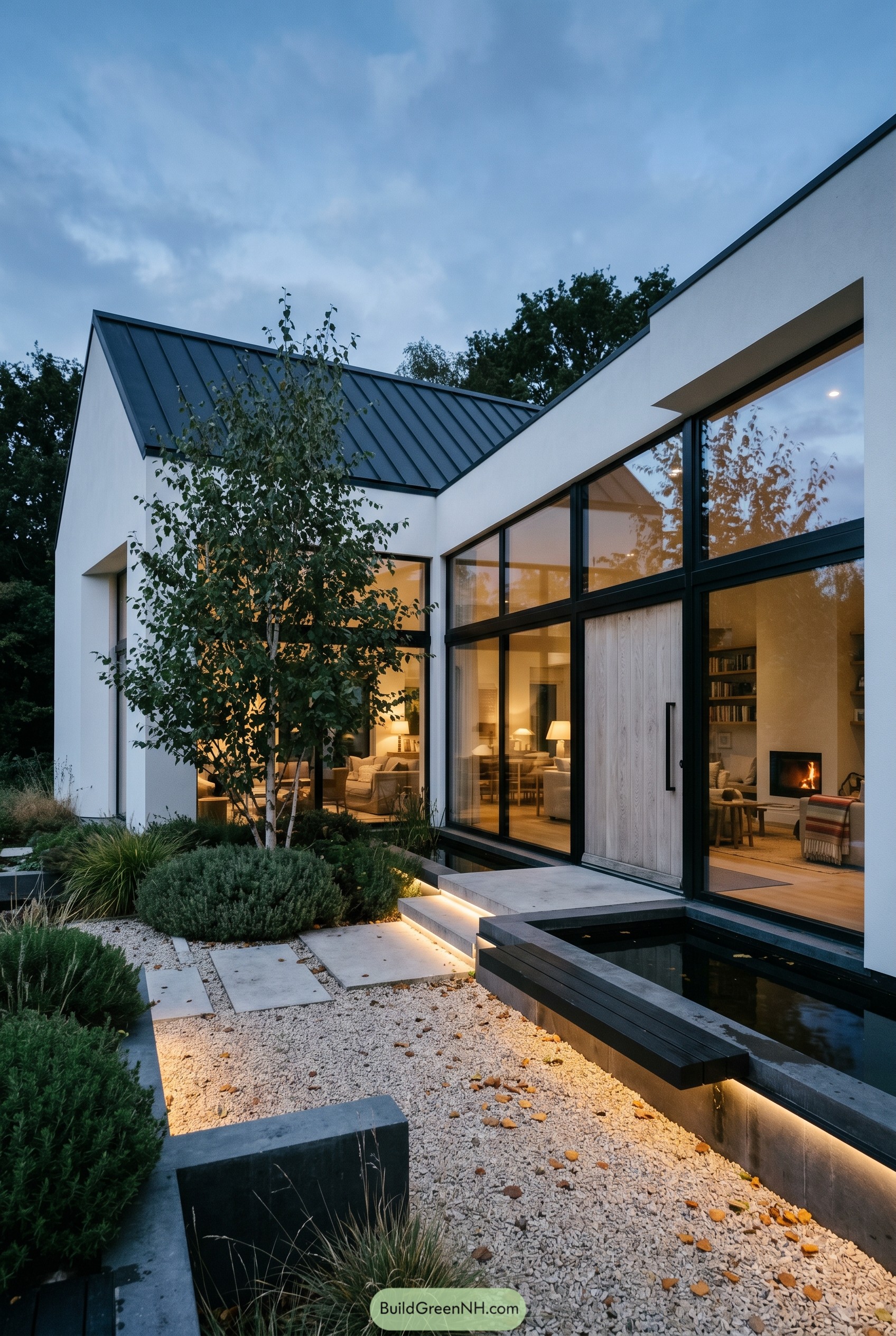 White Scandinavian home with black roof and reflecting pool