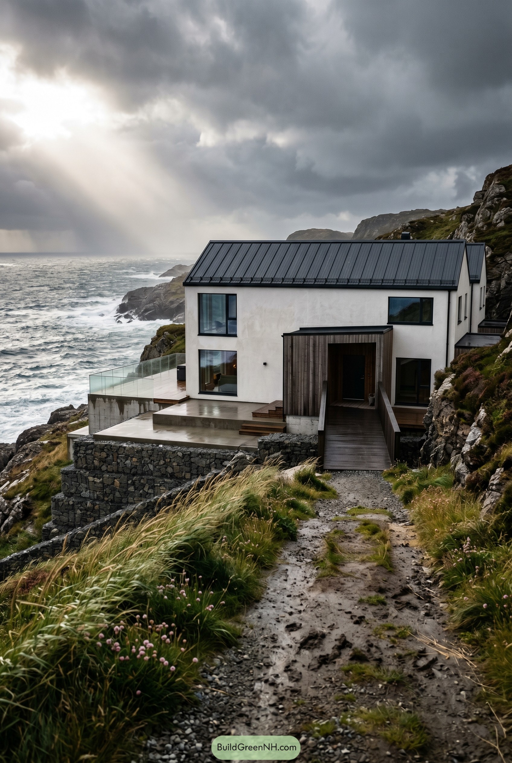 White cliffside house above stormy sea
