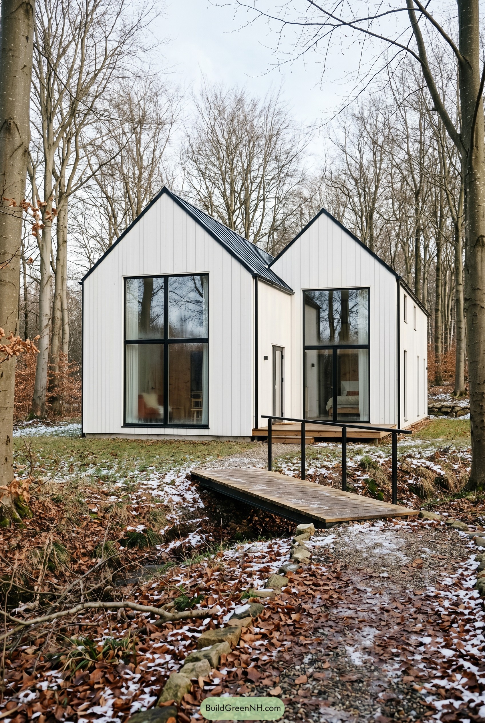White twin gable house in a winter forest
