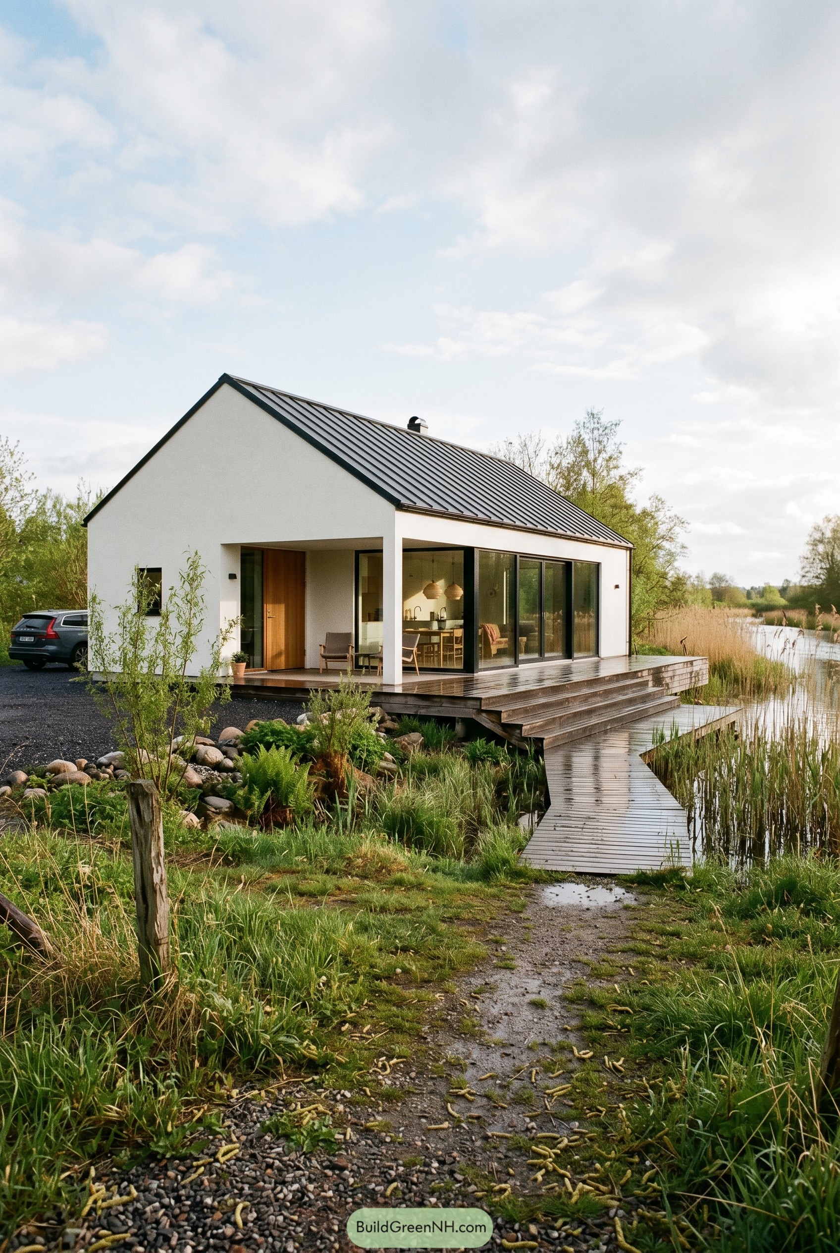White gabled house with deck by pond