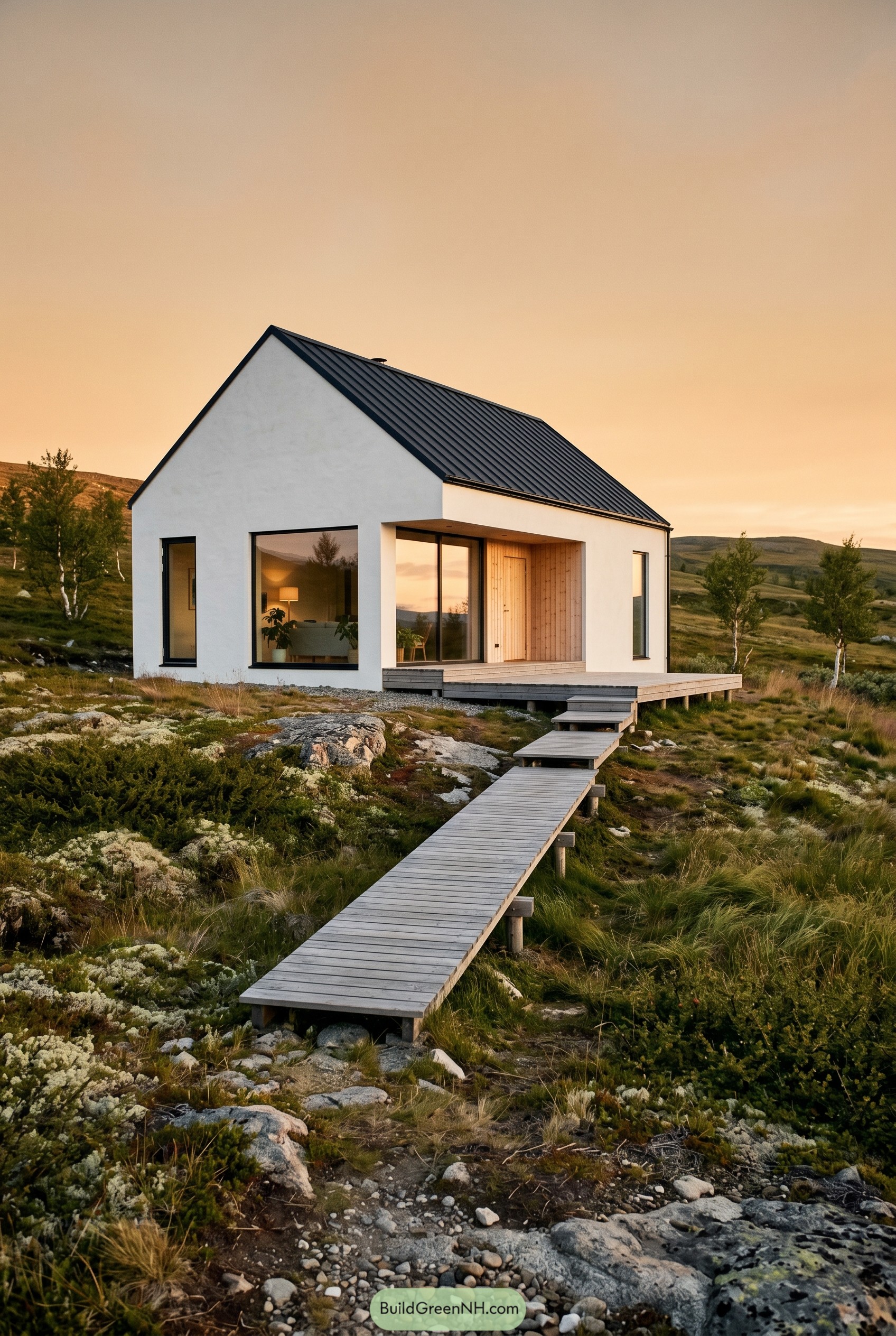 White gabled Scandinavian house with boardwalk