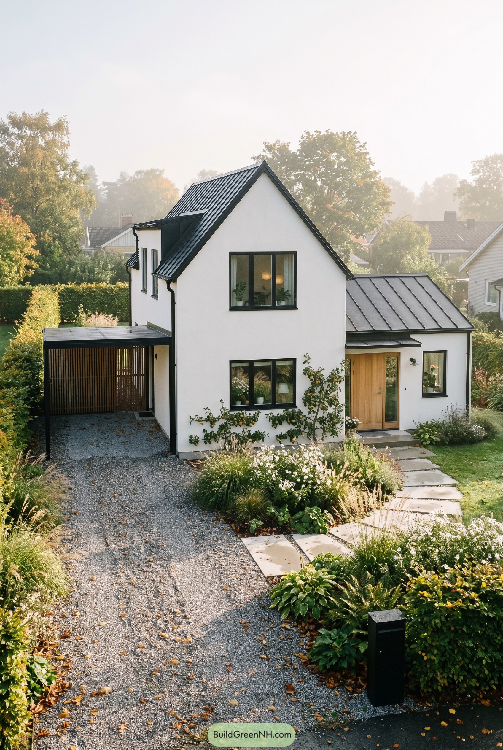 White gabled house with black roof and carport