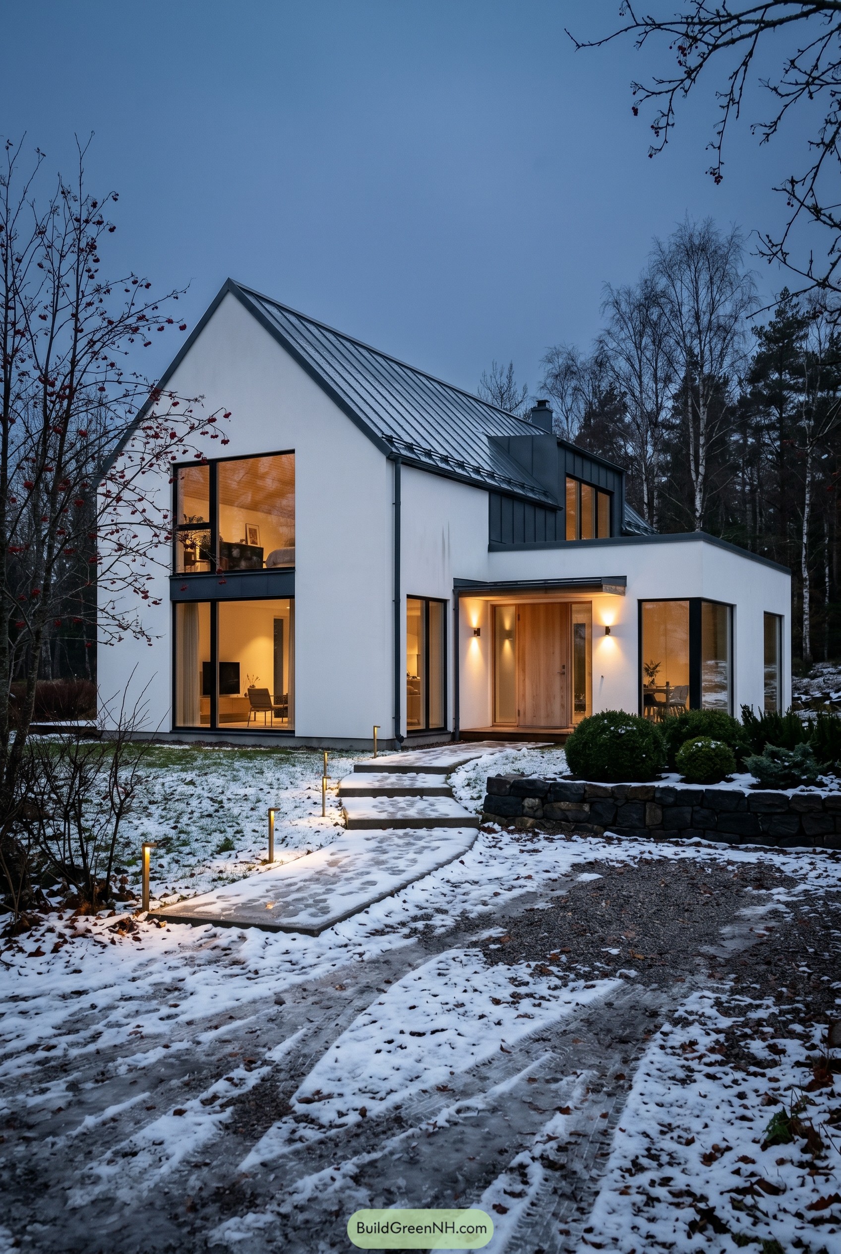 Modern white Scandinavian house with dark roof in snow