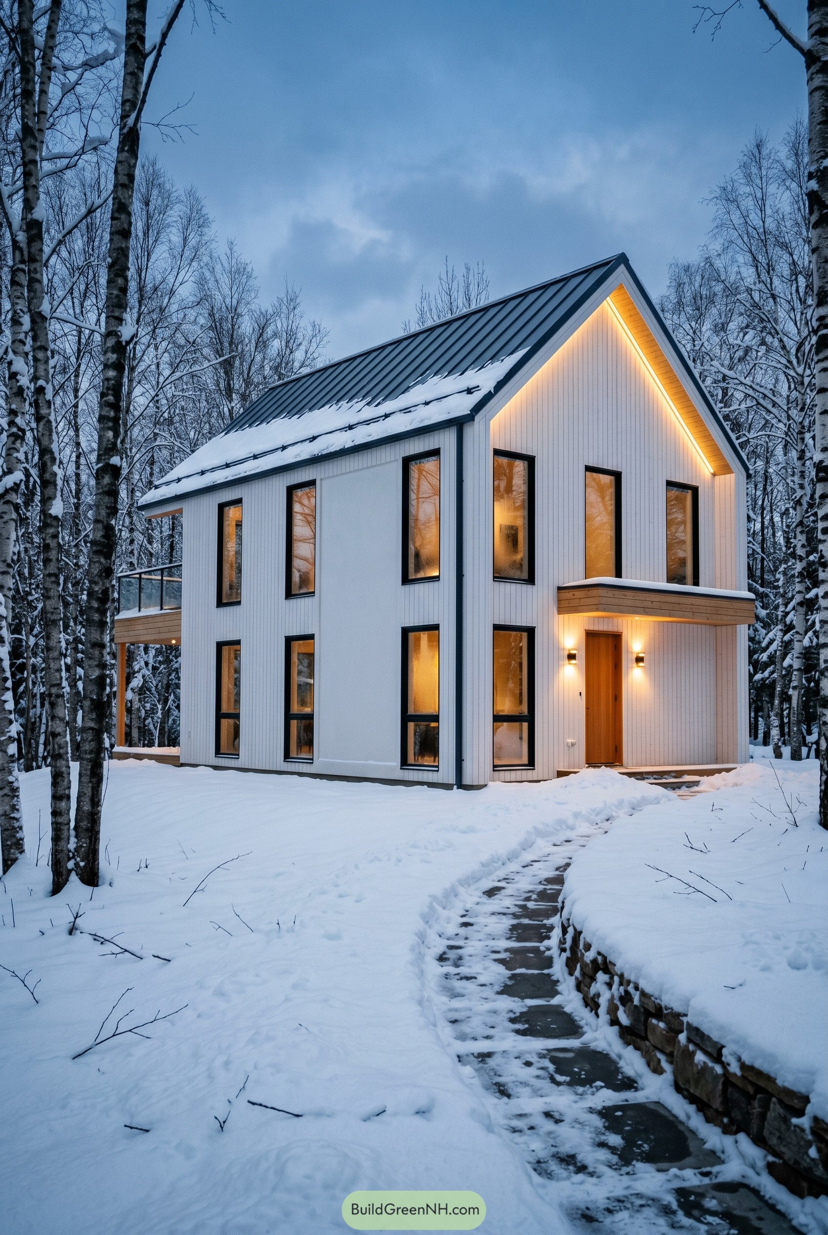White Scandinavian house in snowy birch woods