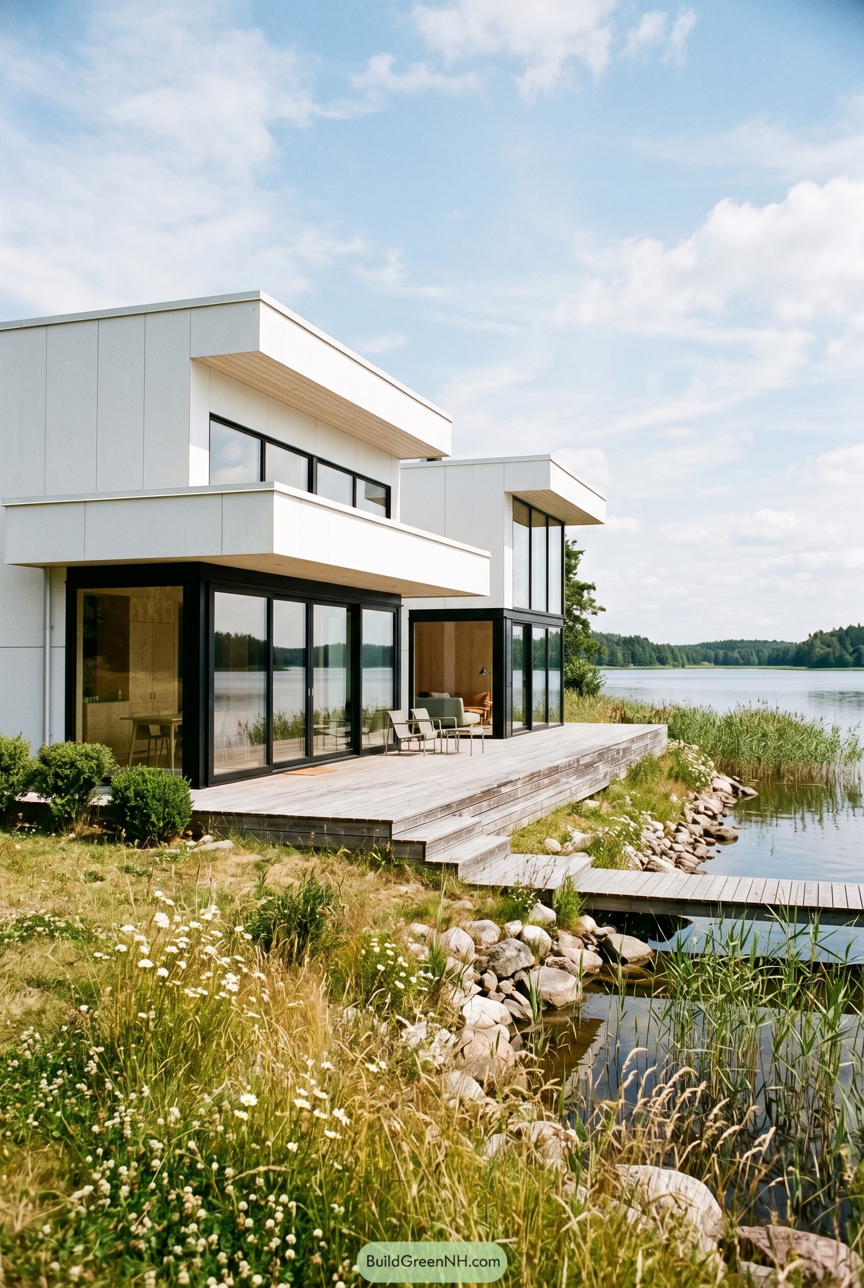 White lakeside house with deck and dock