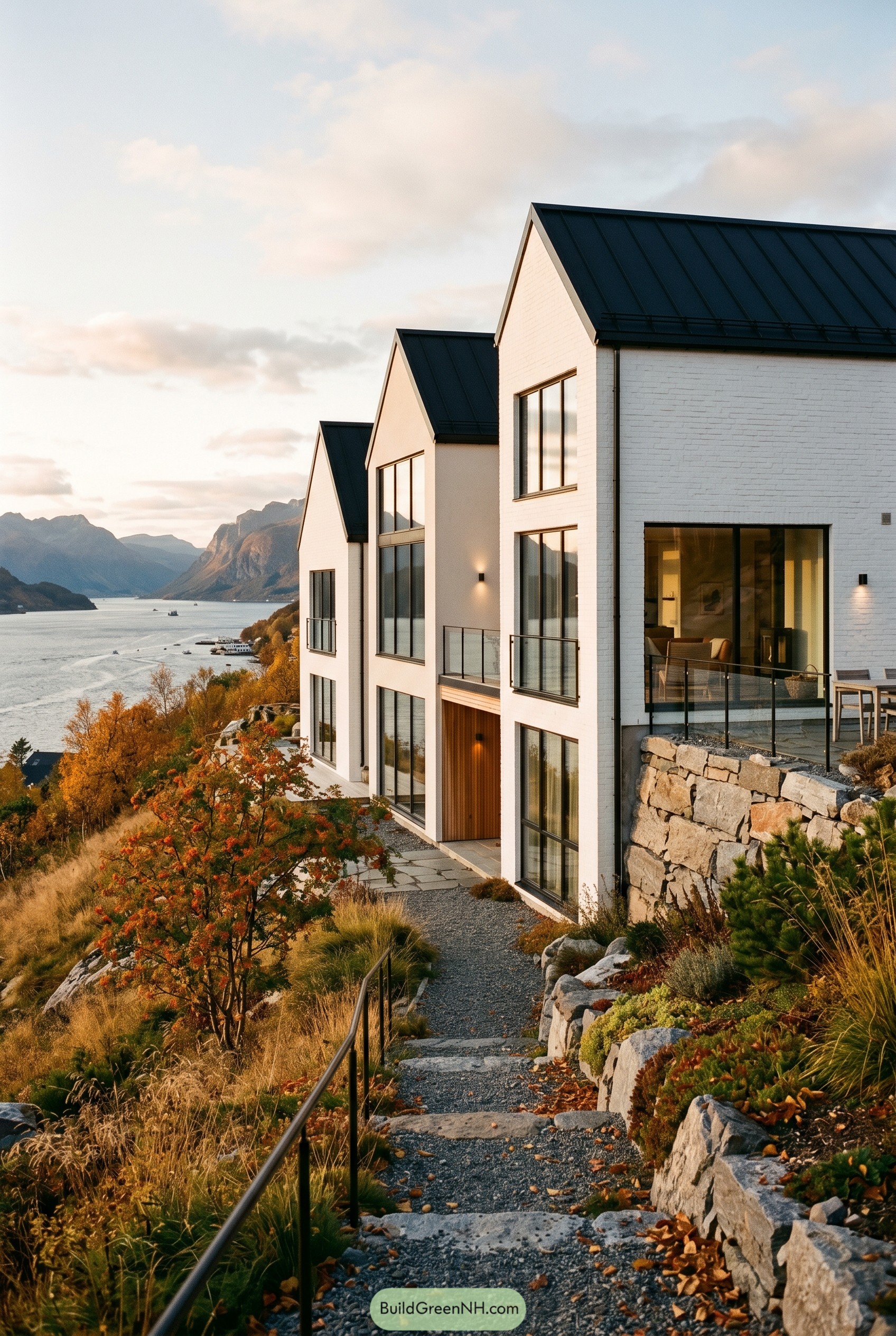 White gabled homes above a fjord