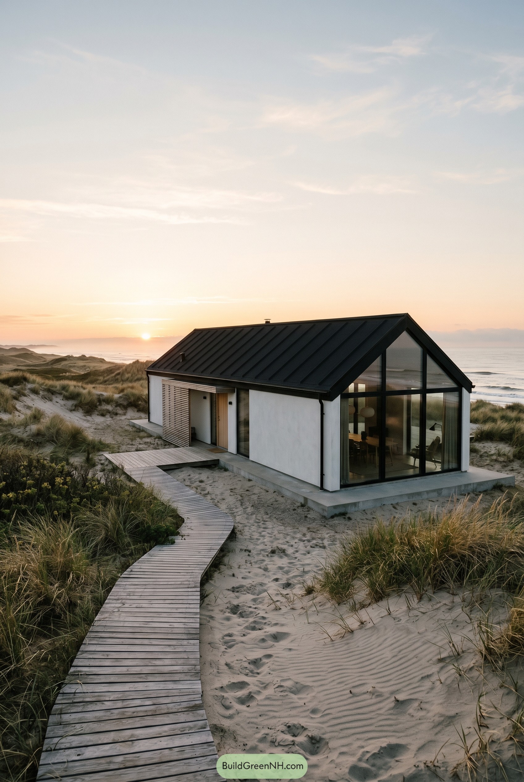 White coastal gable house among dunes