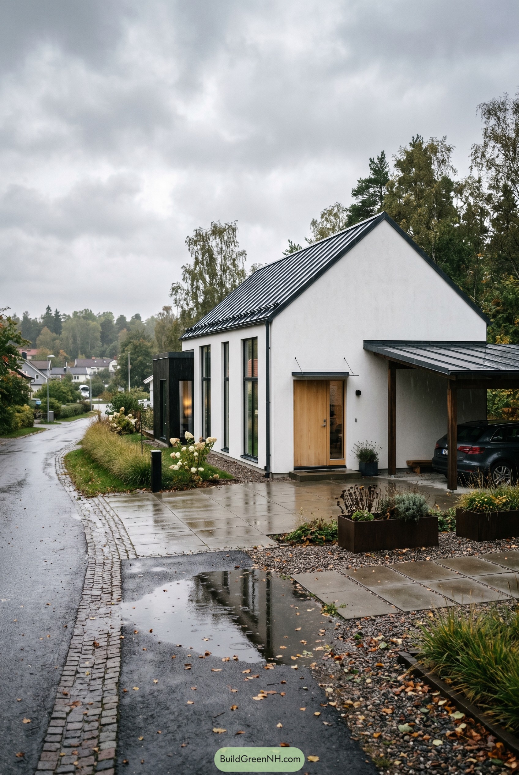 Modern white Scandinavian house with black roof and wood entry