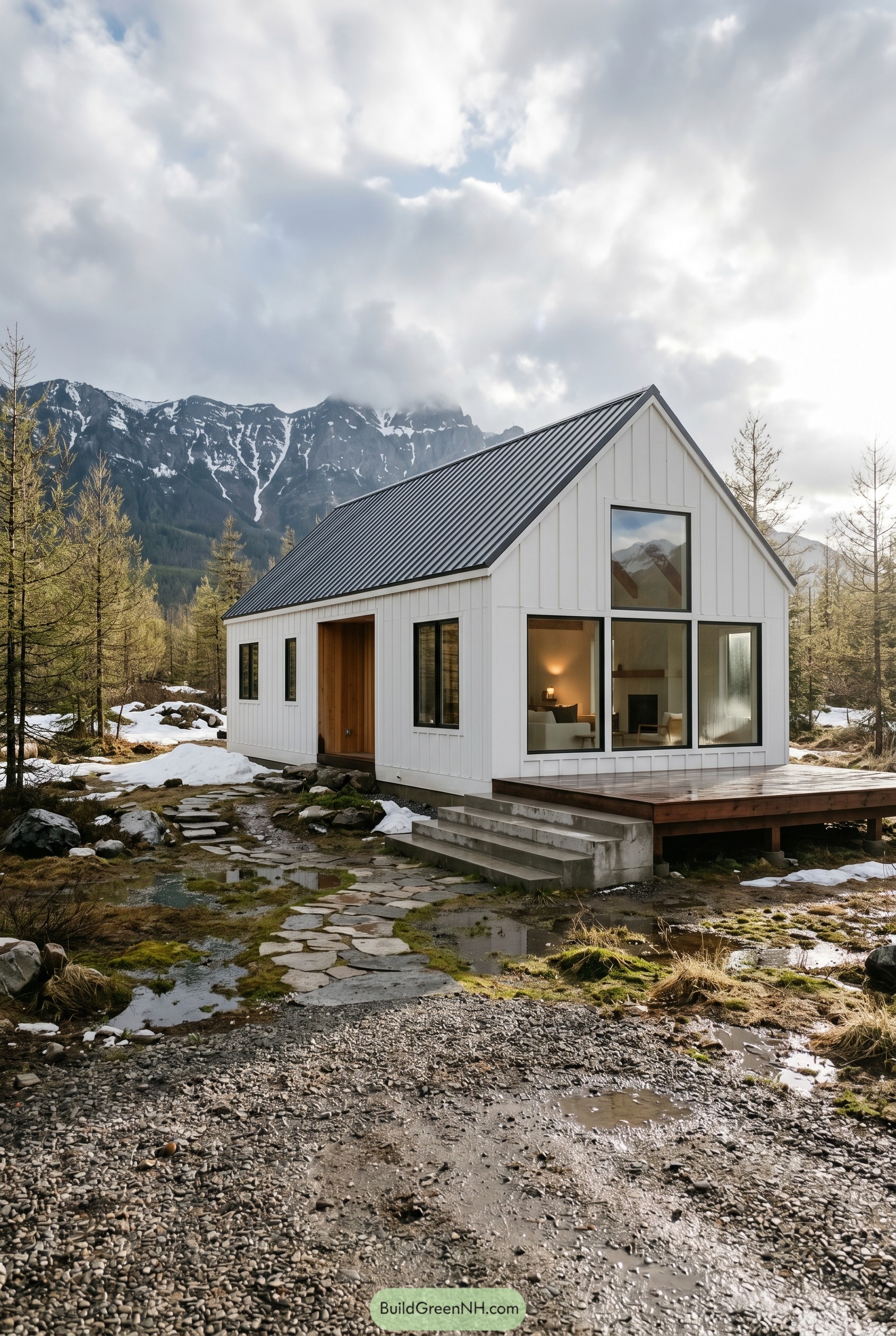 White gabled house with black roof by mountains